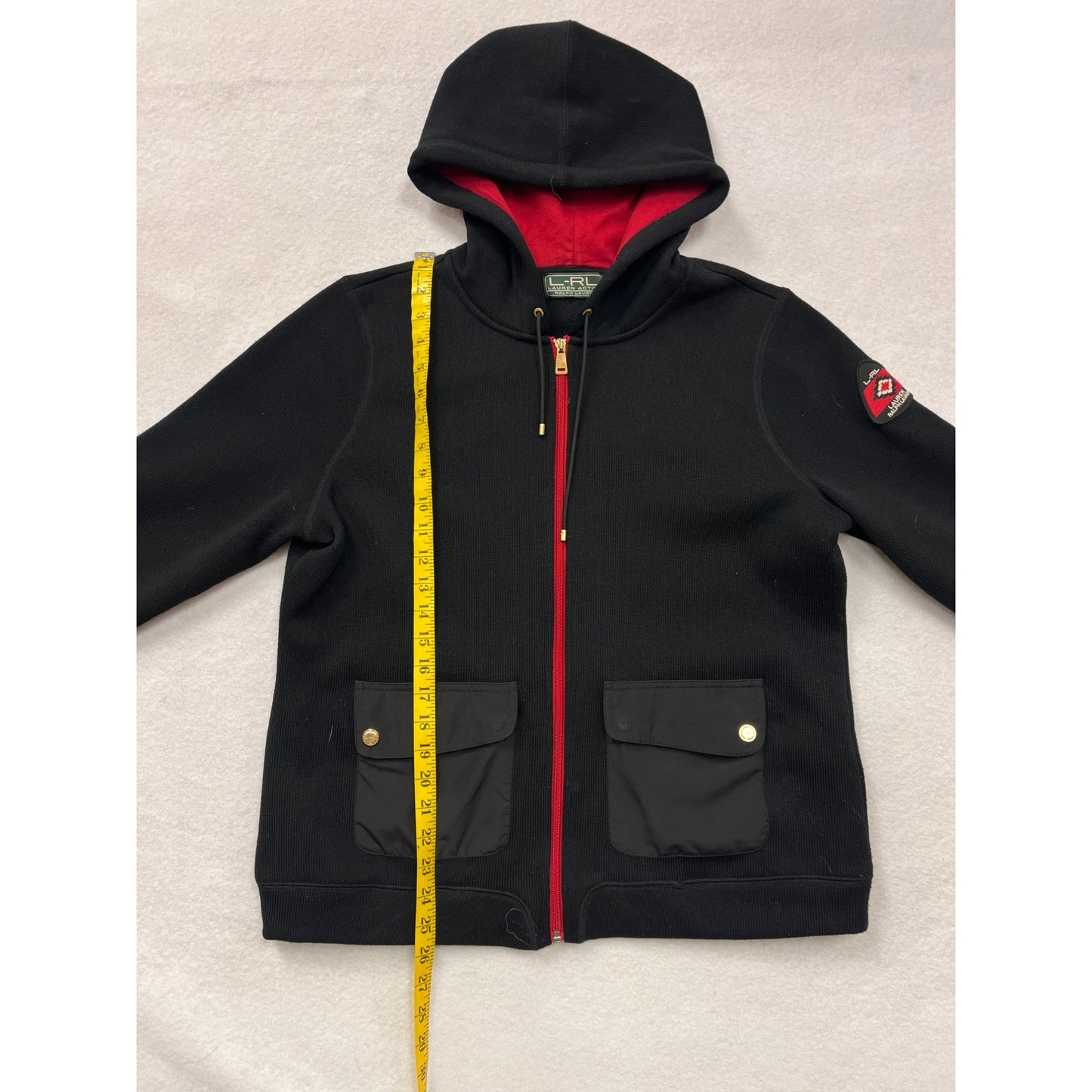 Lauren Ralph Lauren Womens Black & Red Hooded Zip-Up Jacket With Pockets #6182