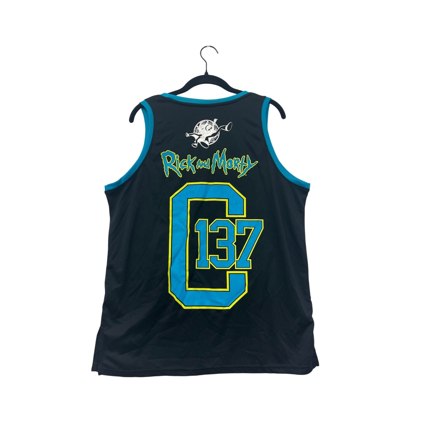 Rick & Morty Mens Medium Black Tank Top With Colorful Characters & C-137 Design Blue Trim #6762