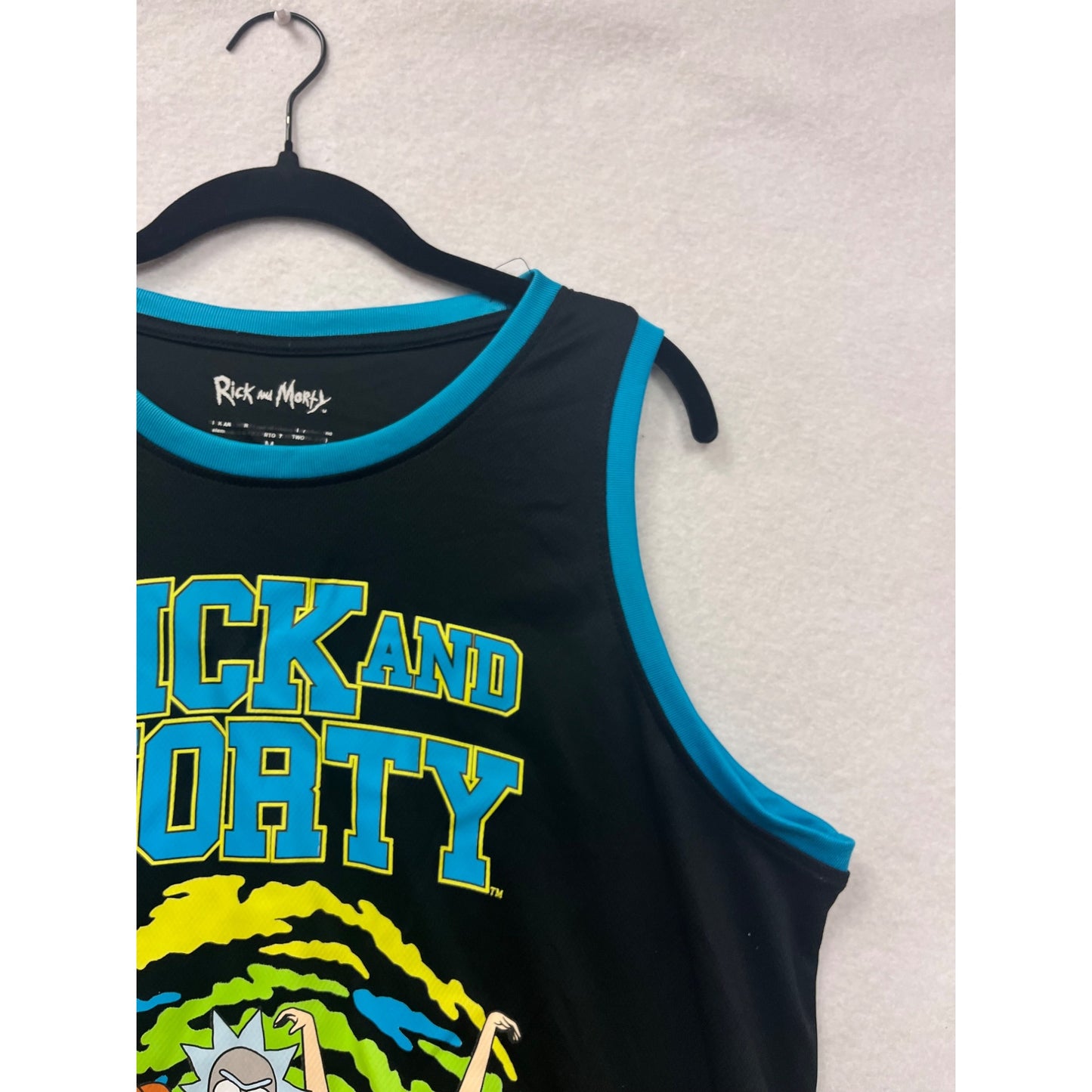 Rick & Morty Mens Medium Black Tank Top With Colorful Characters & C-137 Design Blue Trim #6762