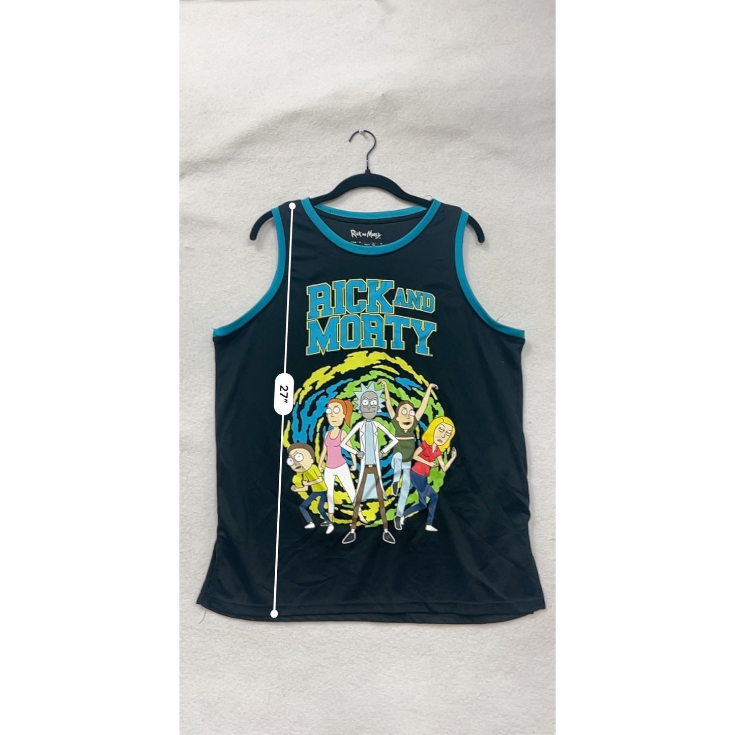 Rick & Morty Mens Medium Black Tank Top With Colorful Characters & C-137 Design Blue Trim #6762