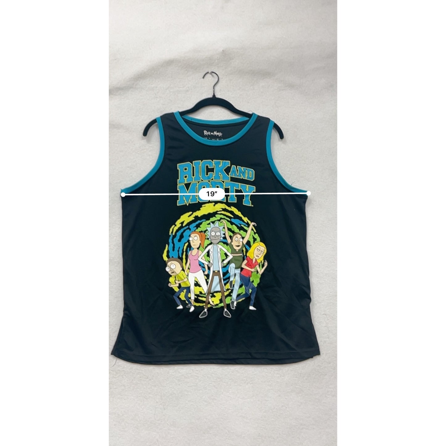 Rick & Morty Mens Medium Black Tank Top With Colorful Characters & C-137 Design Blue Trim #6762