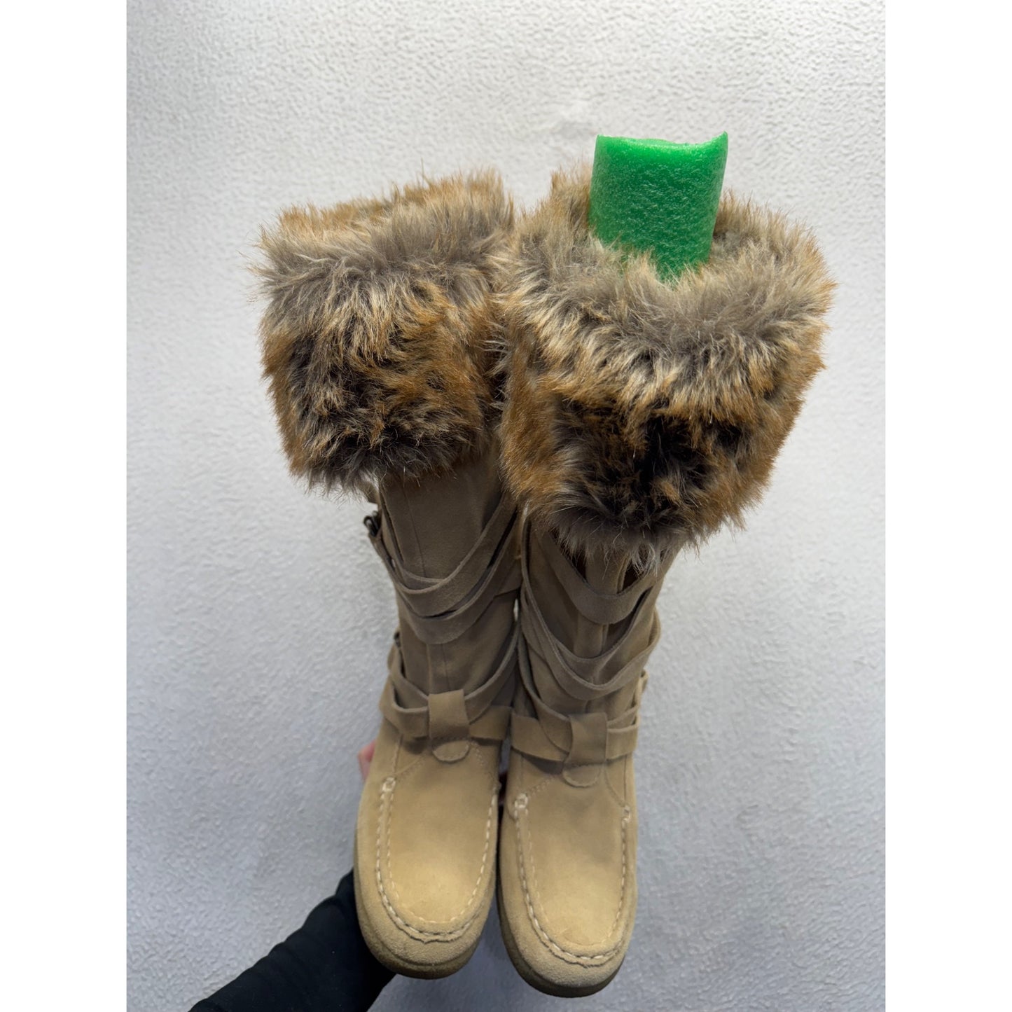 Report Tan Faux Fur-Trimmed Knee-High Wedge Boots #136B