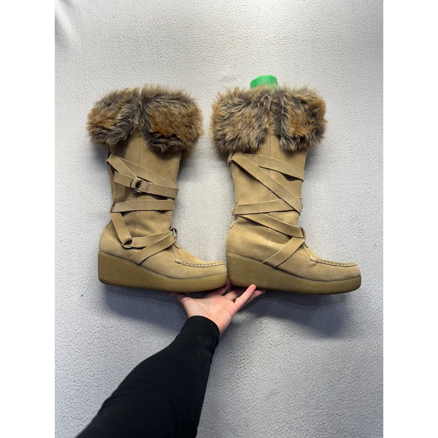 Report Tan Faux Fur-Trimmed Knee-High Wedge Boots #136B