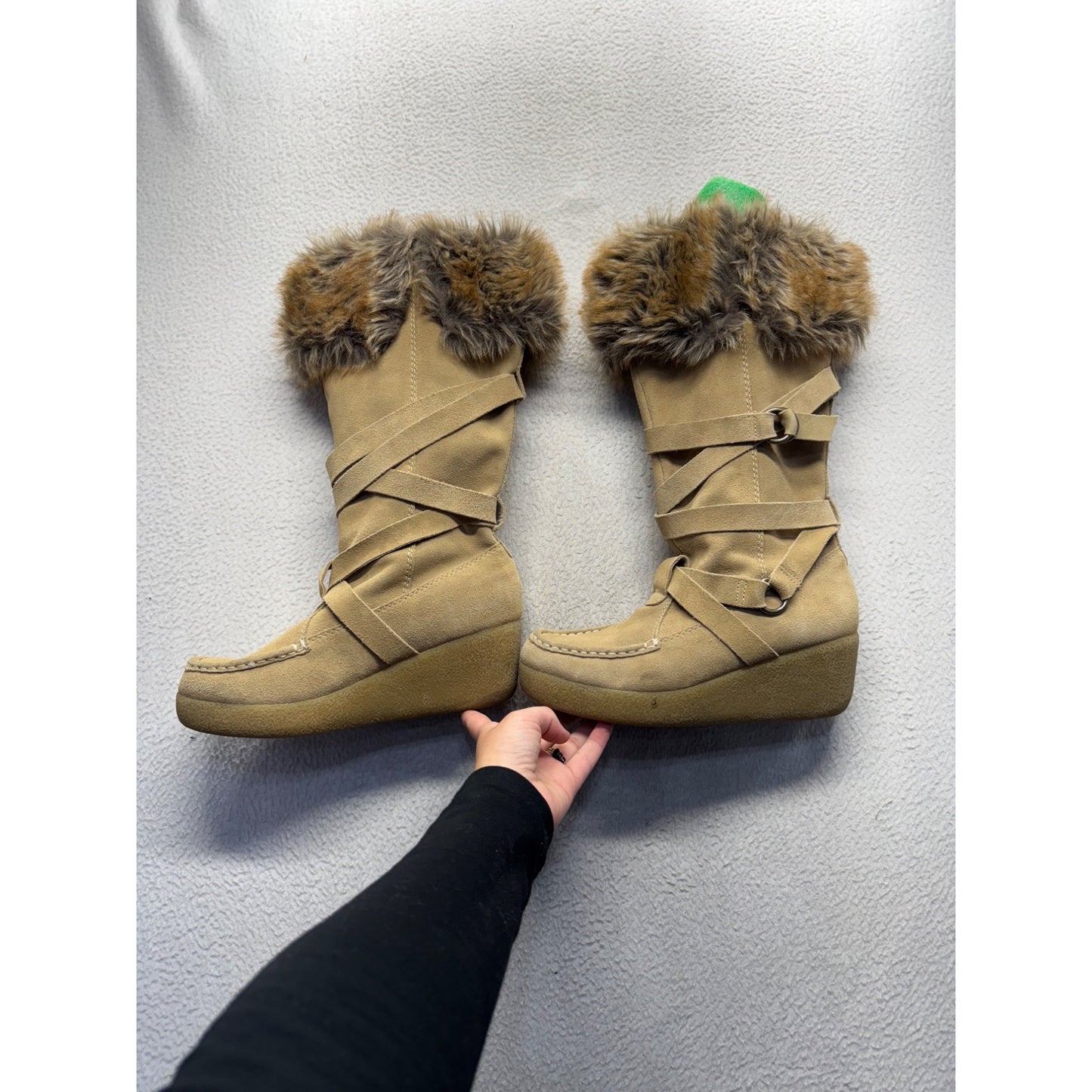 Report Tan Faux Fur-Trimmed Knee-High Wedge Boots #136B