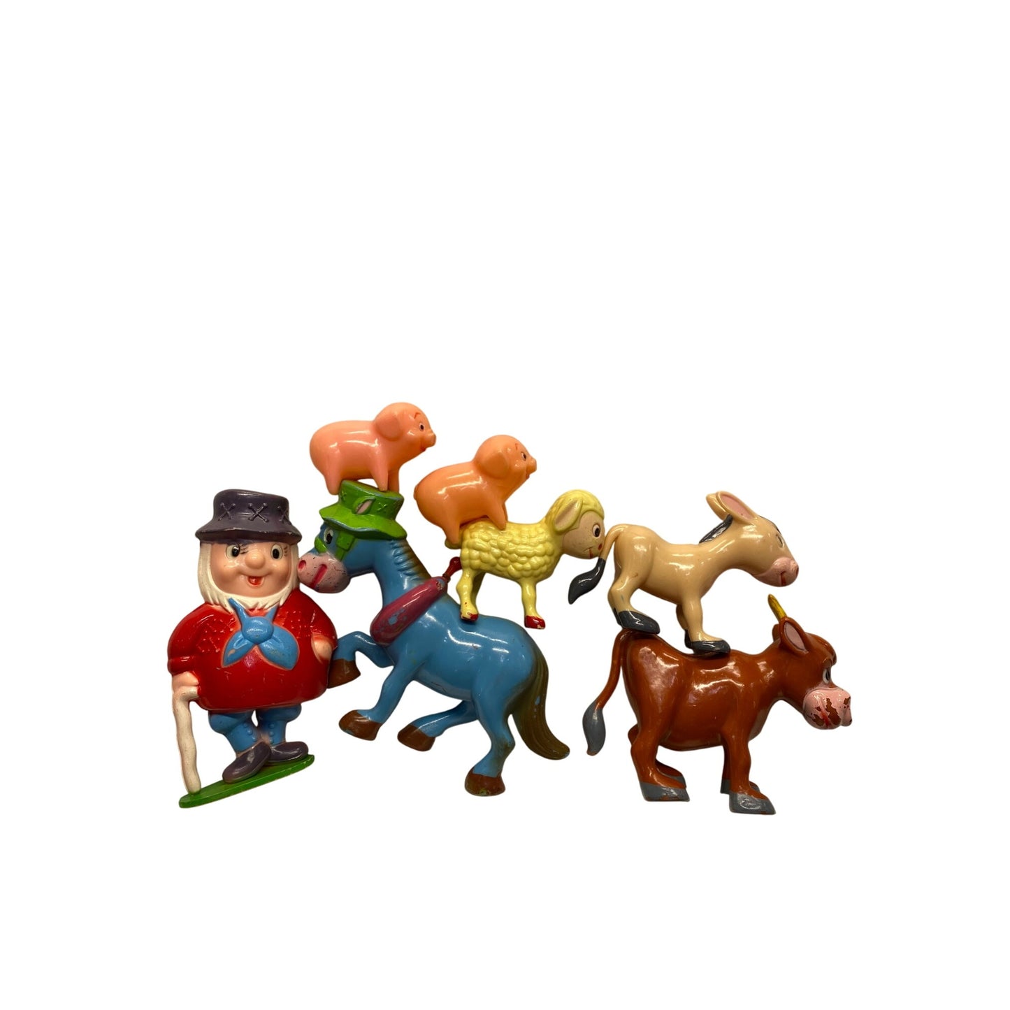 Vintage Hollow Plastic Farmer & Animals Set 7 Pieces Toy Collection #7256