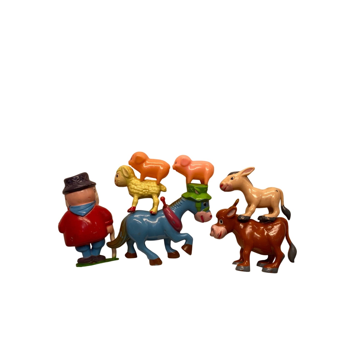 Vintage Hollow Plastic Farmer & Animals Set 7 Pieces Toy Collection #7256