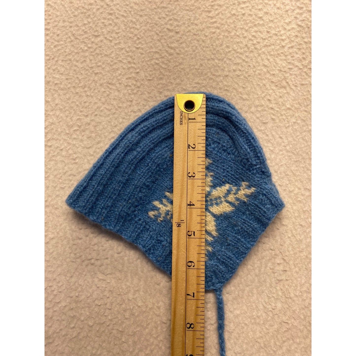Vintage Blue Wool Baby Bonnet With Snowflake Design & Ties #7056