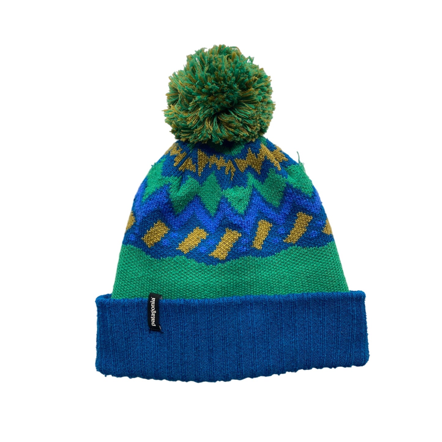 Patagonia Youth Pom Beanie With Chevron Pattern In Green & Blue #7277