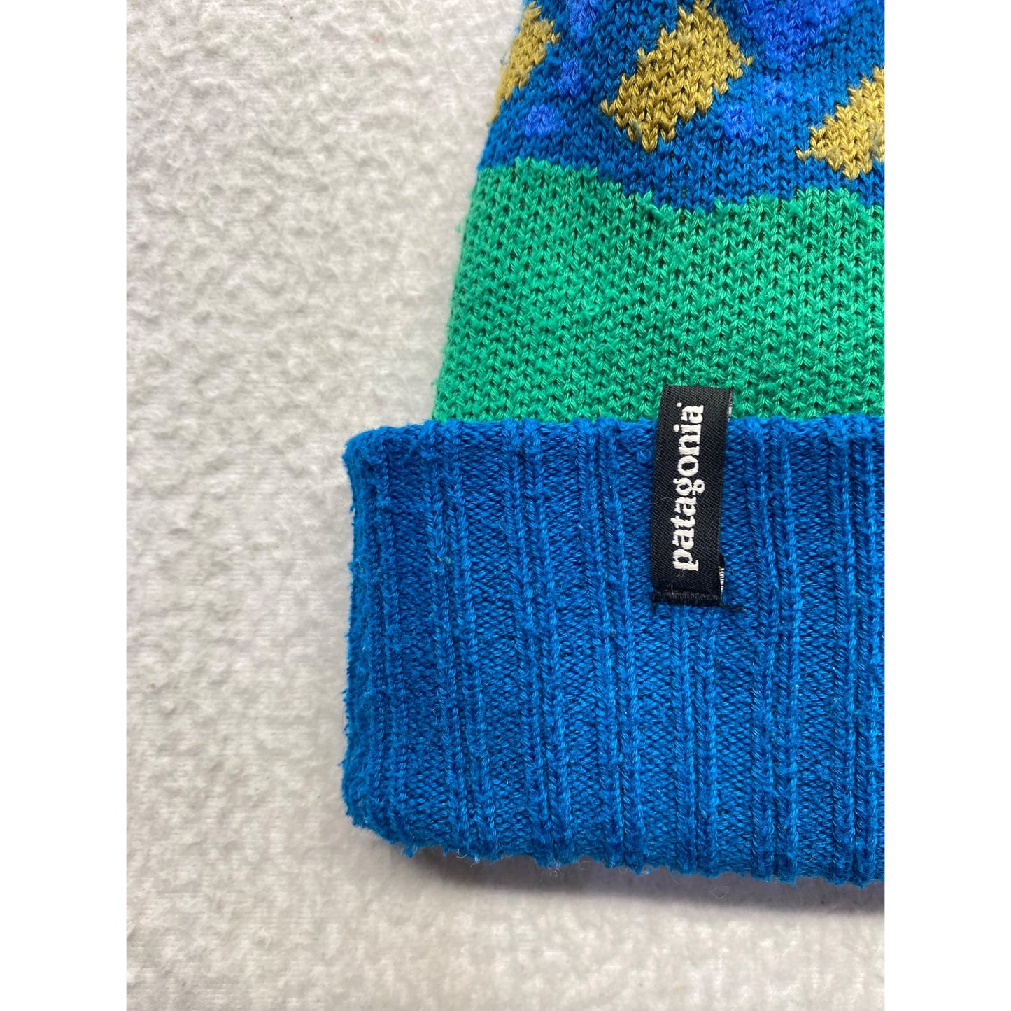 Patagonia Youth Pom Beanie With Chevron Pattern In Green & Blue #7277