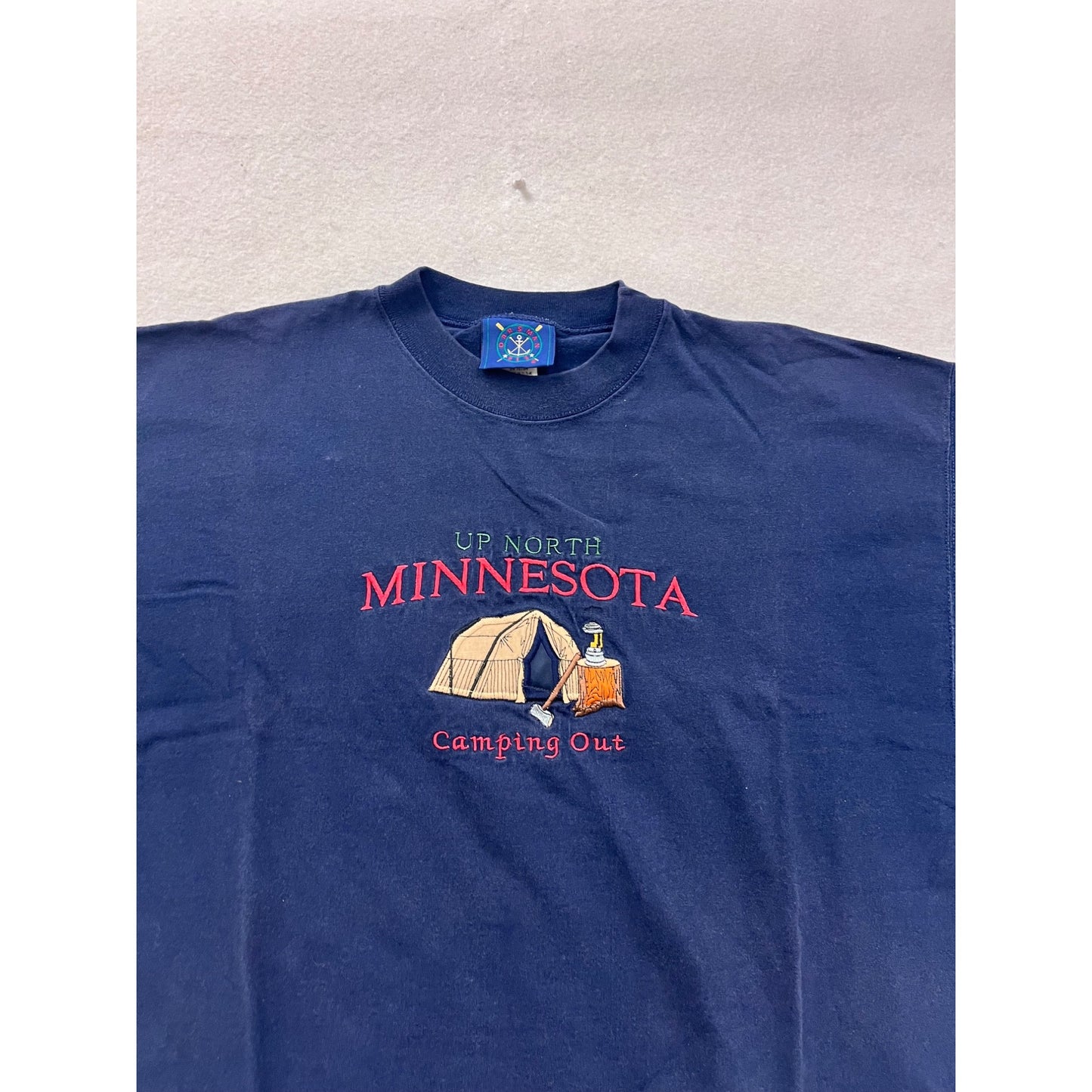 Vintage Oarsman Minnesota Camping Out Navy Blue T-Shirt Mens XL 8405