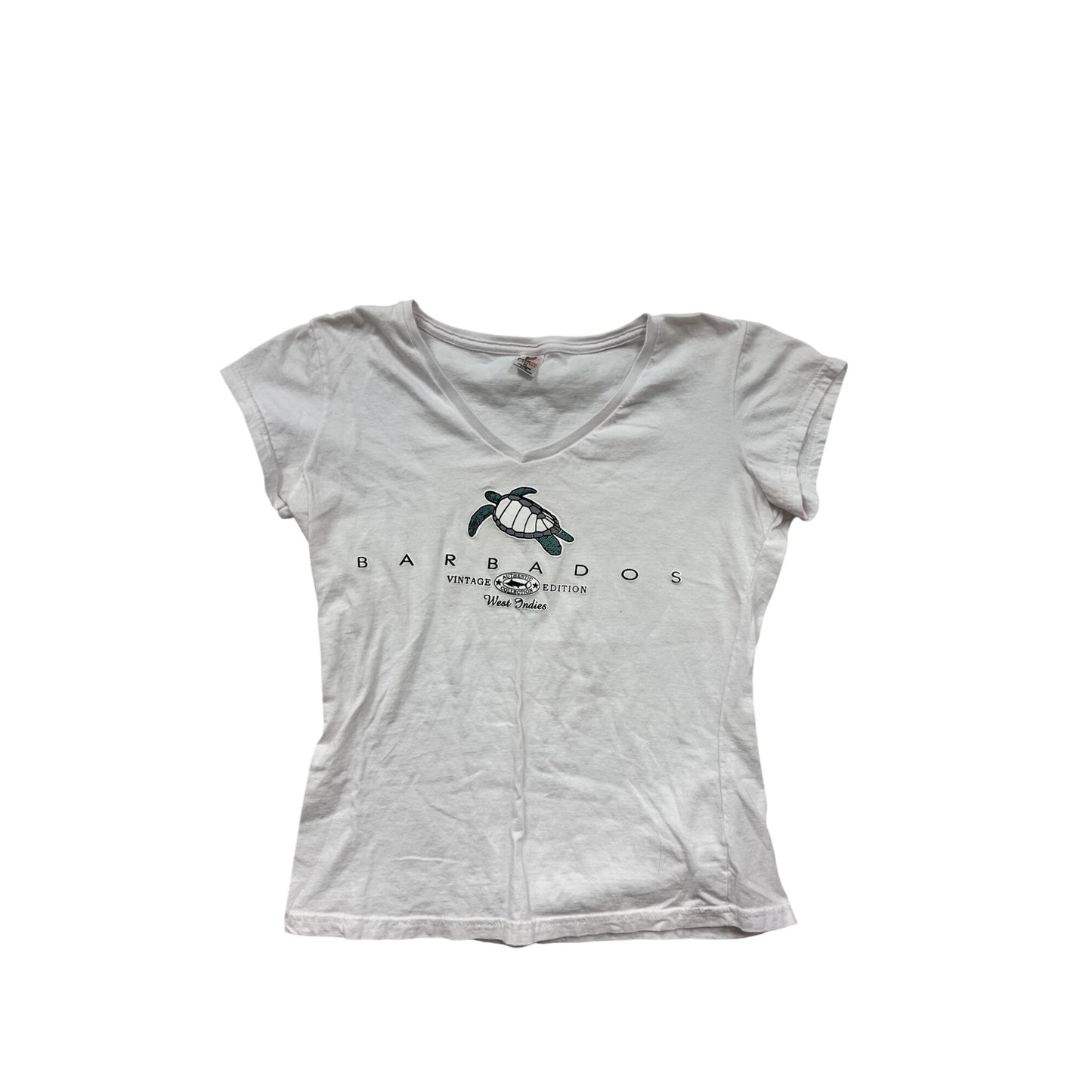 Womens XL Barbados Vintage Edition T-Shirt White V-Neck Turtle Design 100% Cotton #6582