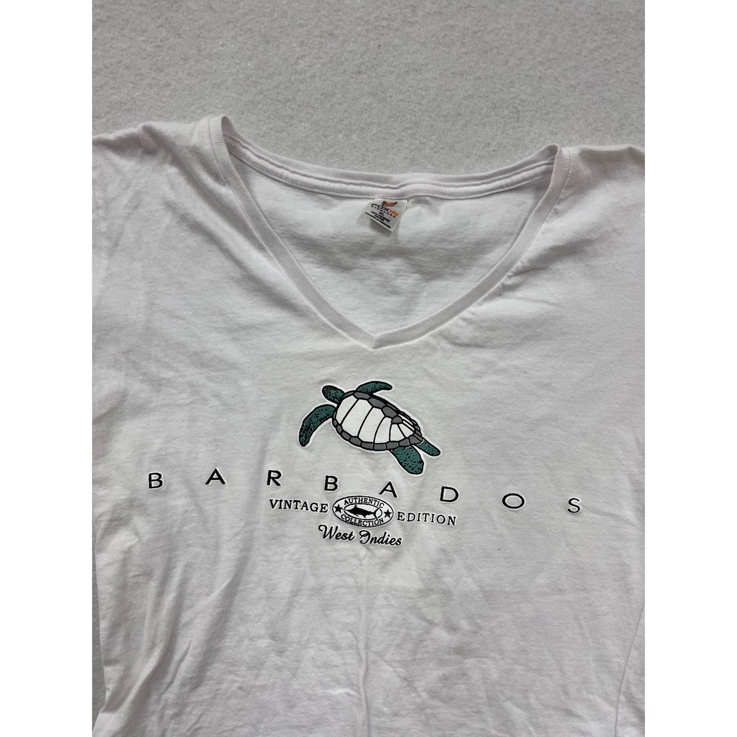 Womens XL Barbados Vintage Edition T-Shirt White V-Neck Turtle Design 100% Cotton #6582