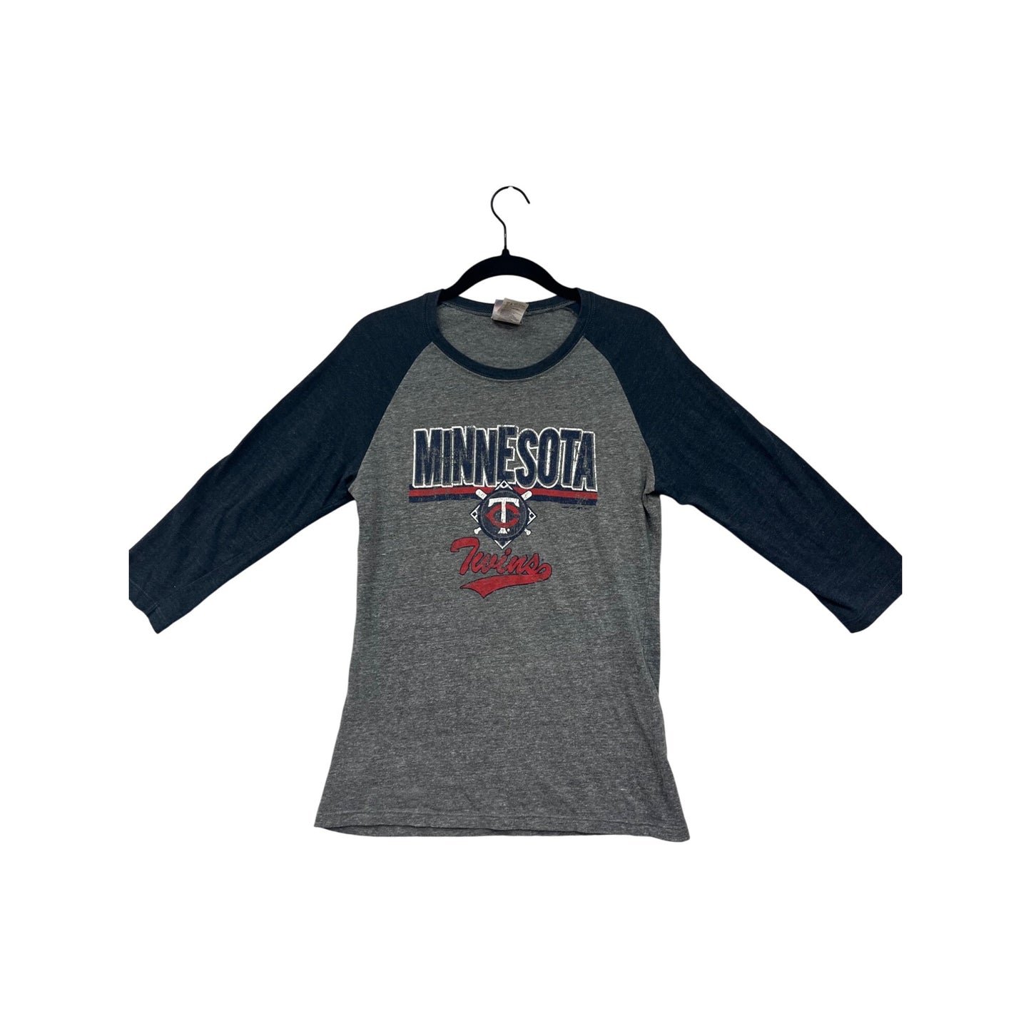Minnesota Twins Womens Raglan 3/4 Sleeve Baseball Tee Large Gray & Navy #6807