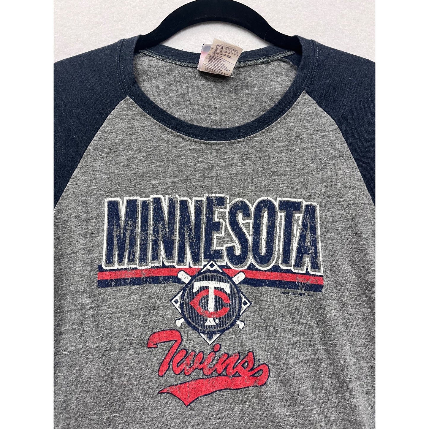 Minnesota Twins Womens Raglan 3/4 Sleeve Baseball Tee Large Gray & Navy #6807