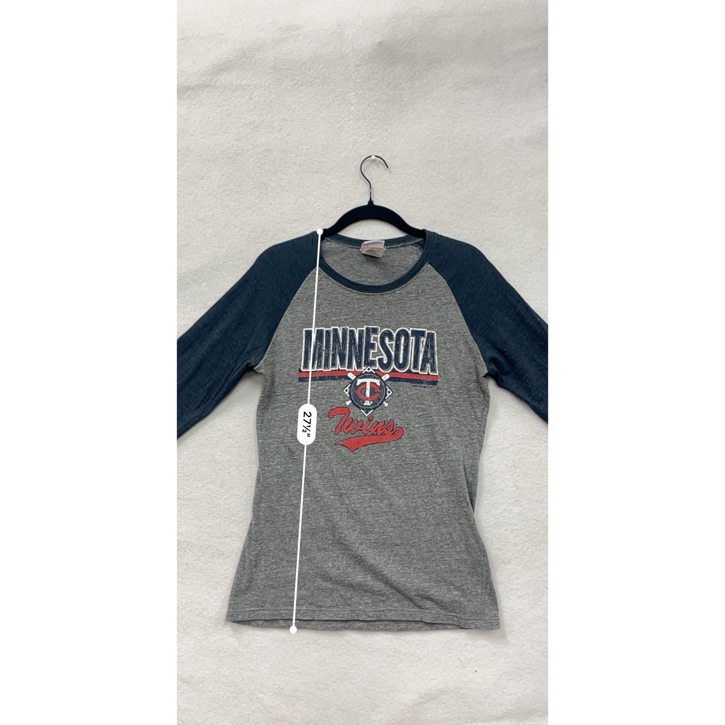 Minnesota Twins Womens Raglan 3/4 Sleeve Baseball Tee Large Gray & Navy #6807