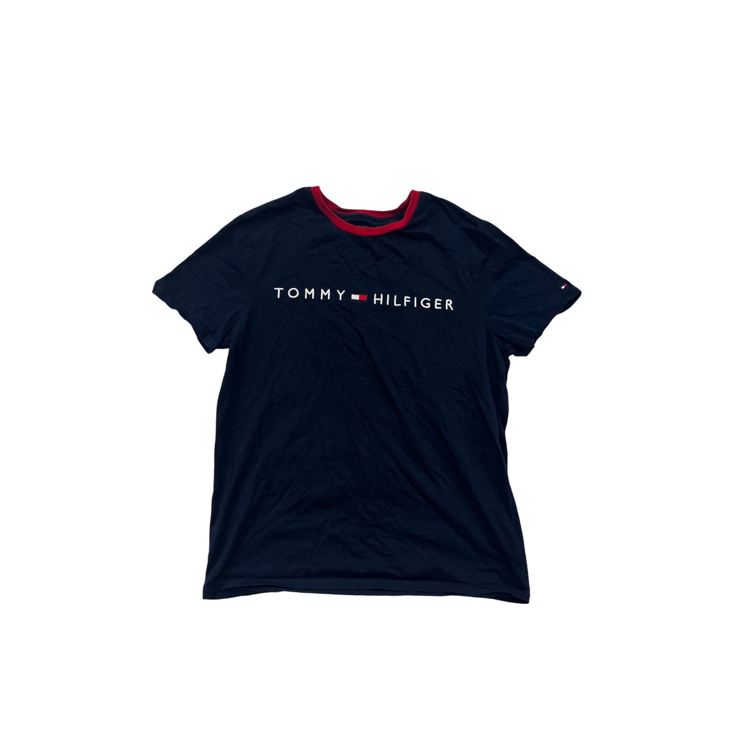 Tommy Hilfiger Mens Medium Navy T-Shirt With Red Collar Trim & Logo Embroidery #6816