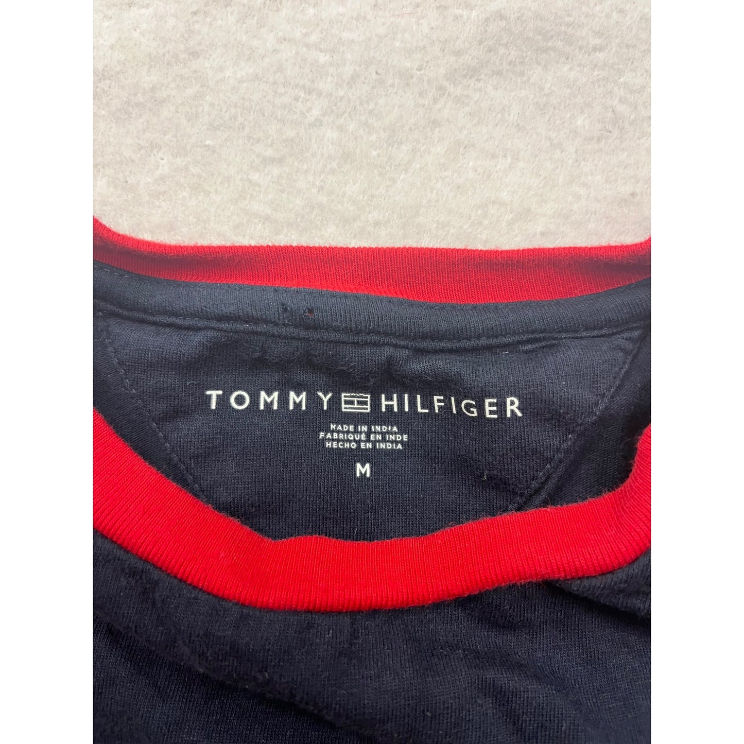 Tommy Hilfiger Mens Medium Navy T-Shirt With Red Collar Trim & Logo Embroidery #6816