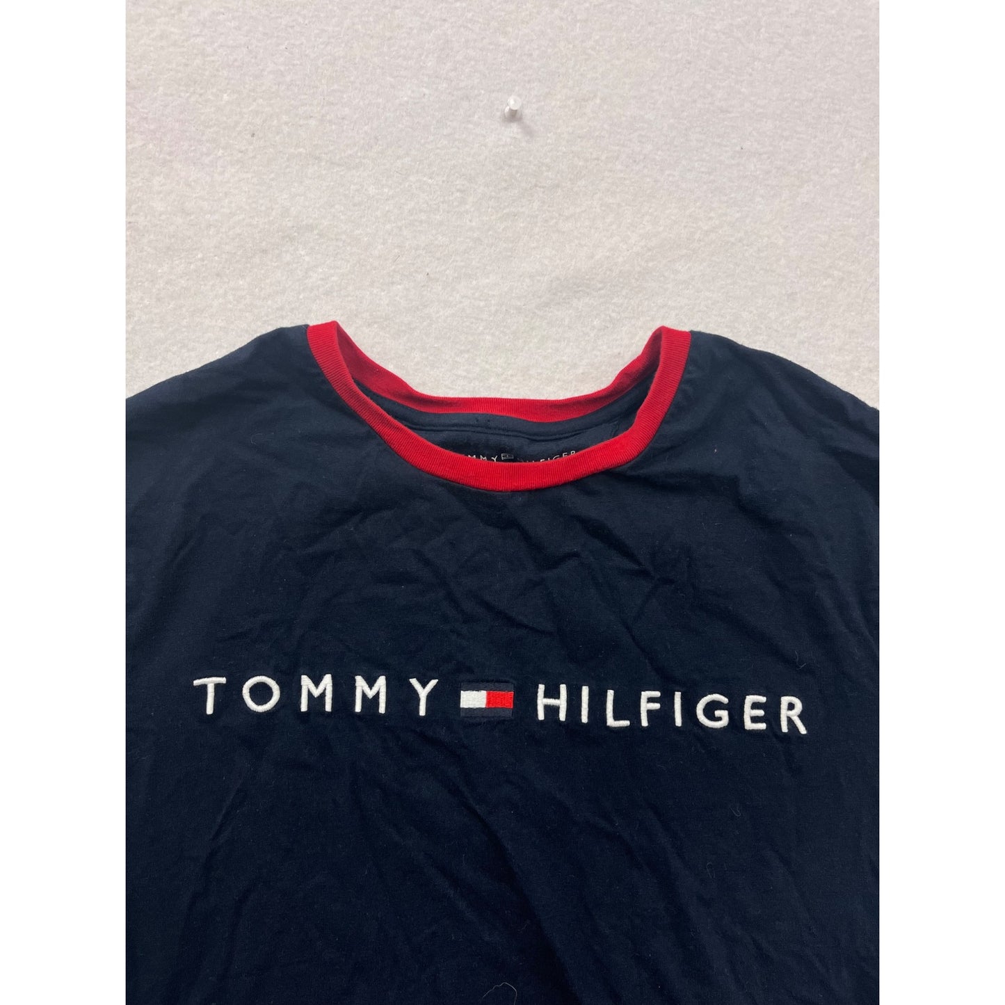 Tommy Hilfiger Mens Medium Navy T-Shirt With Red Collar Trim & Logo Embroidery #6816