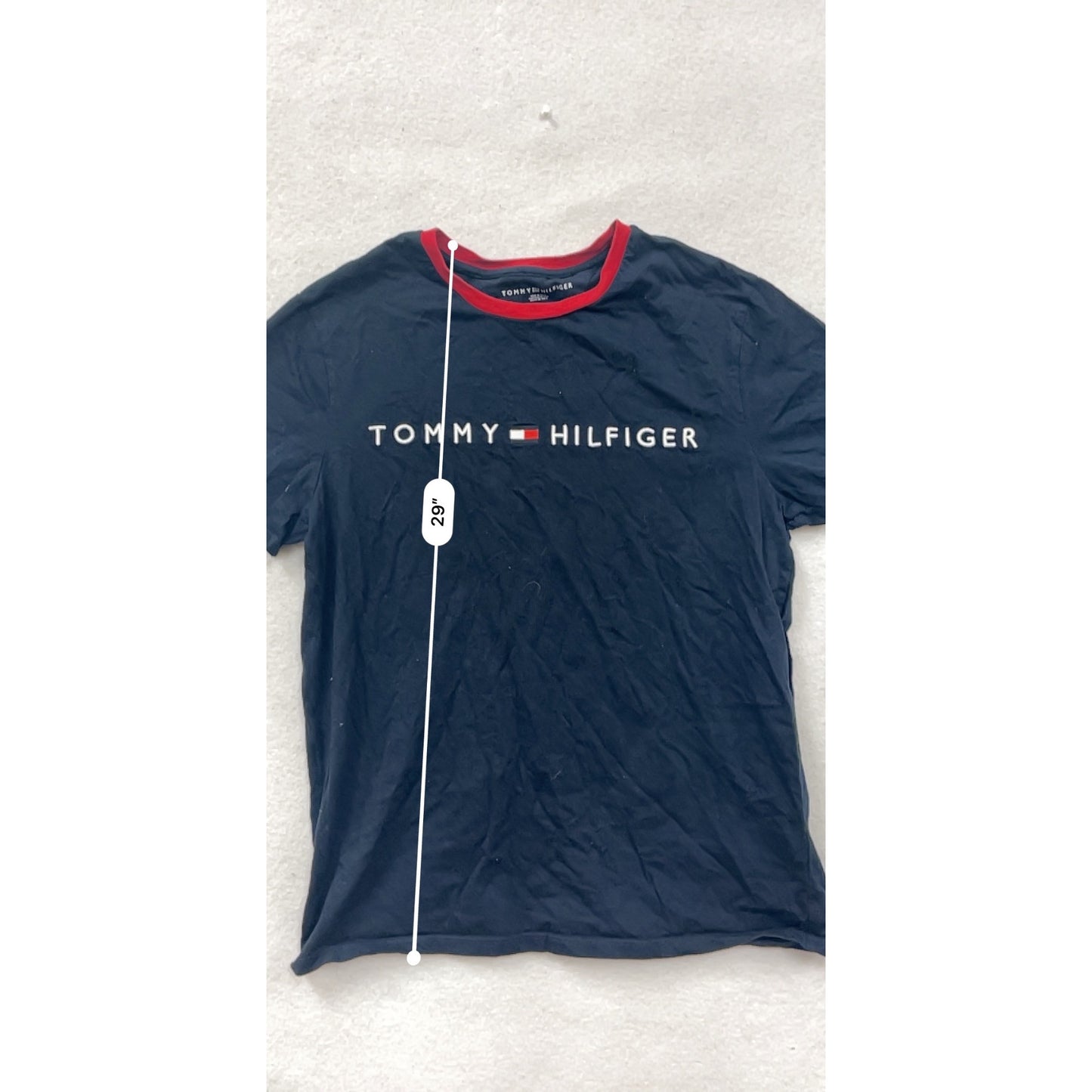 Tommy Hilfiger Mens Medium Navy T-Shirt With Red Collar Trim & Logo Embroidery #6816