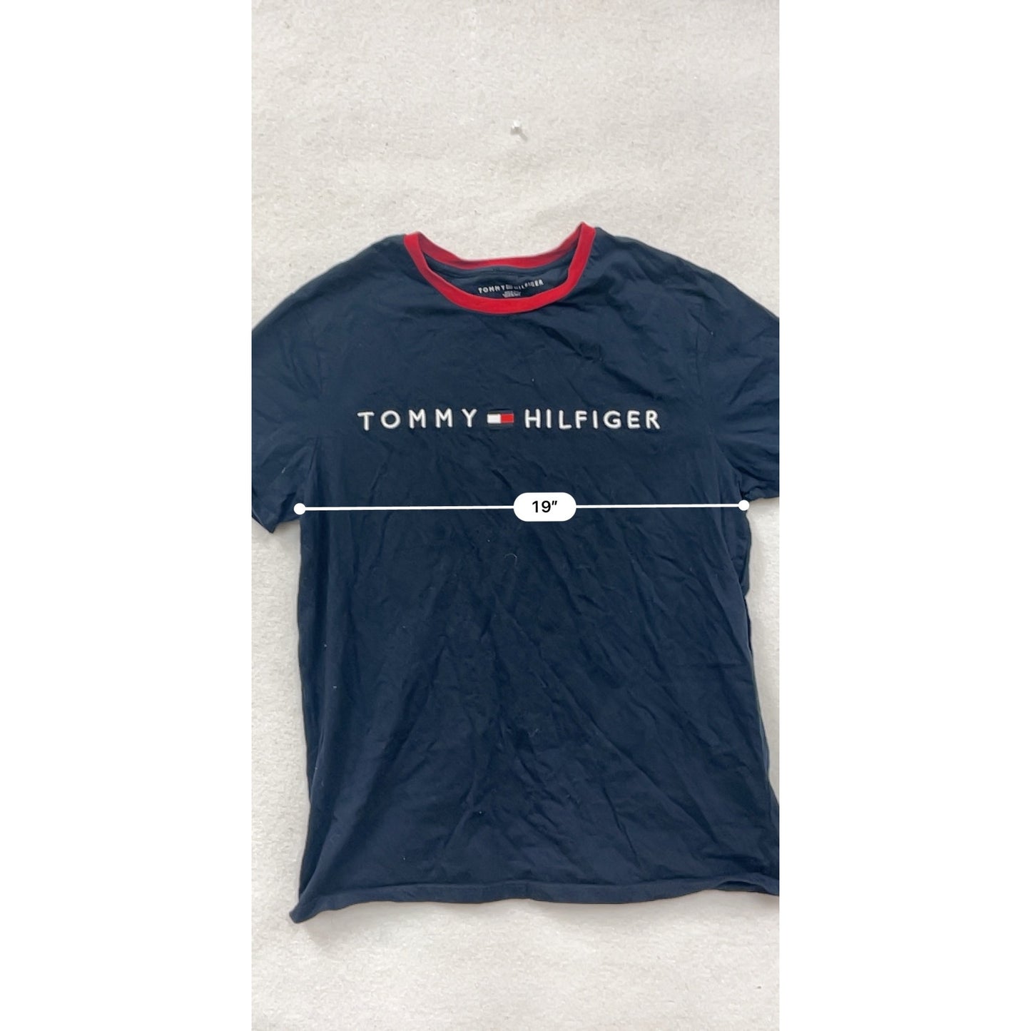 Tommy Hilfiger Mens Medium Navy T-Shirt With Red Collar Trim & Logo Embroidery #6816