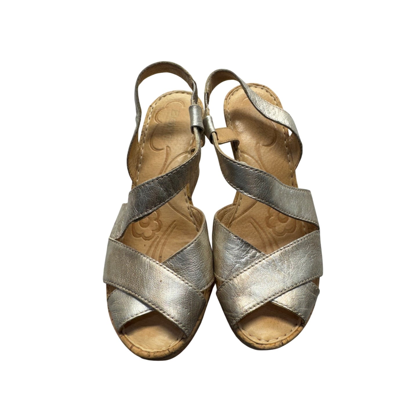 BORN Silver Leather Cork Wedge Sandals #9003