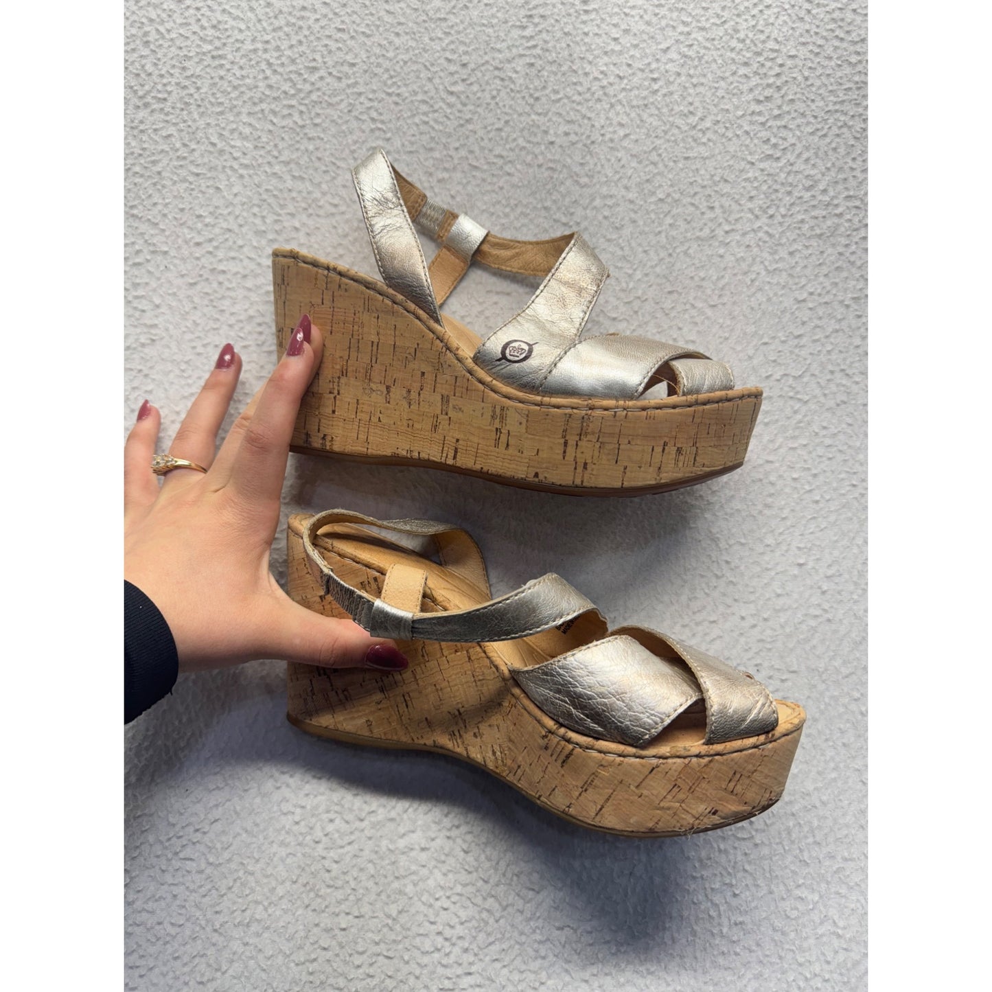 BORN Silver Leather Cork Wedge Sandals #9003