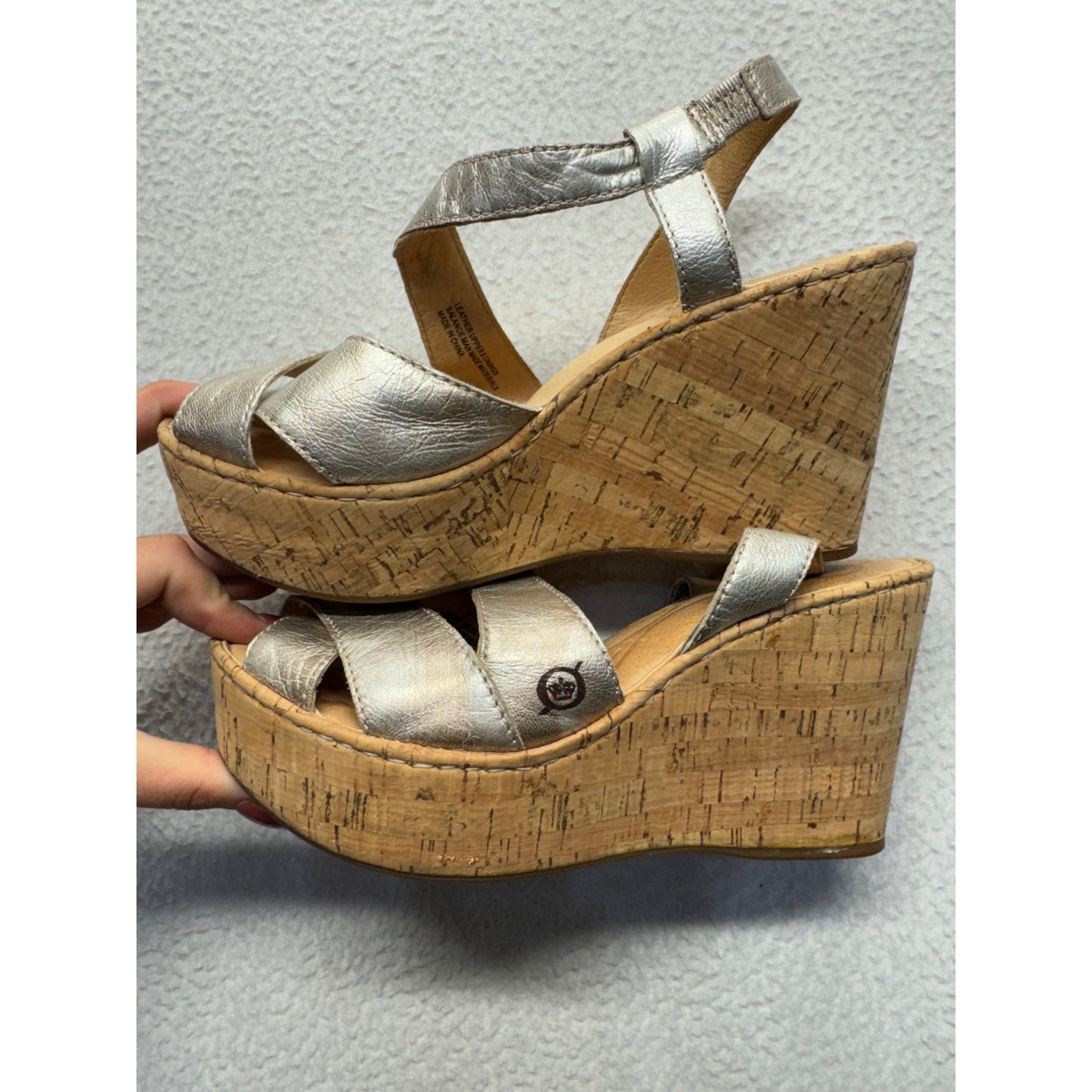BORN Silver Leather Cork Wedge Sandals #9003