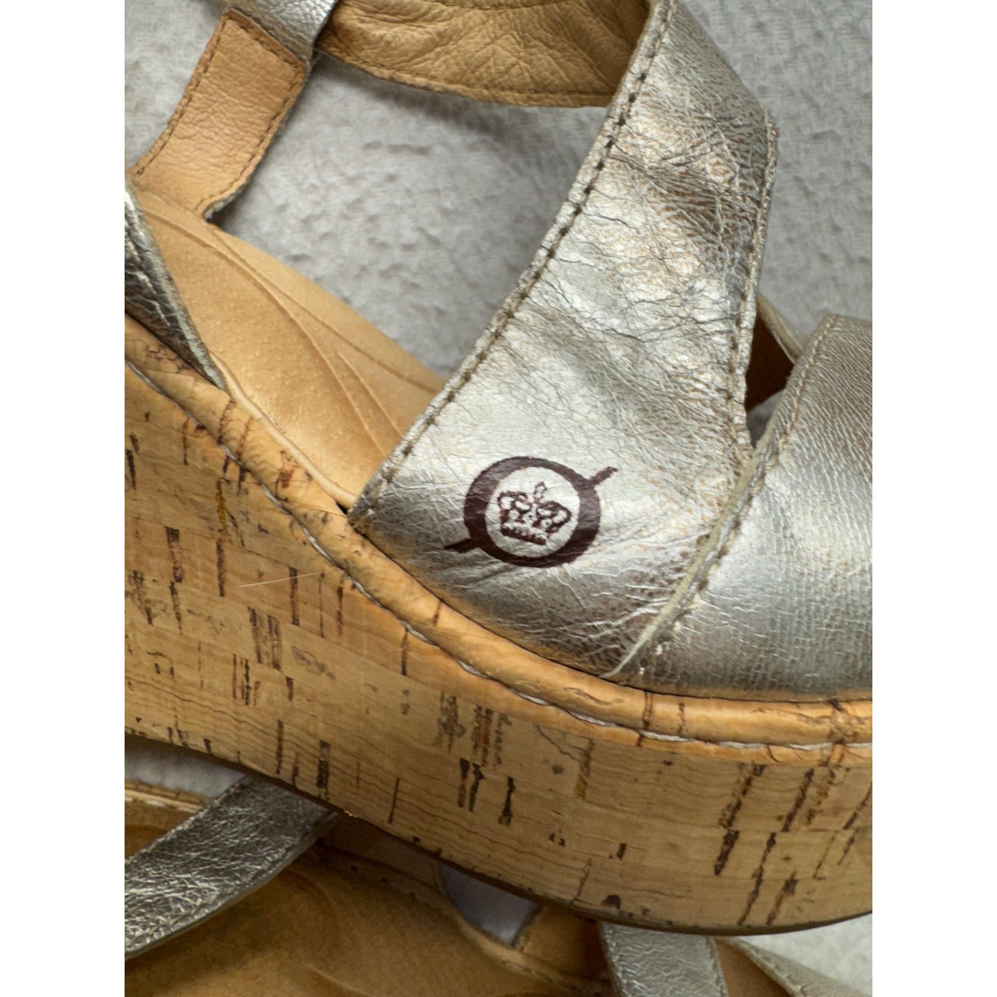 BORN Silver Leather Cork Wedge Sandals #9003