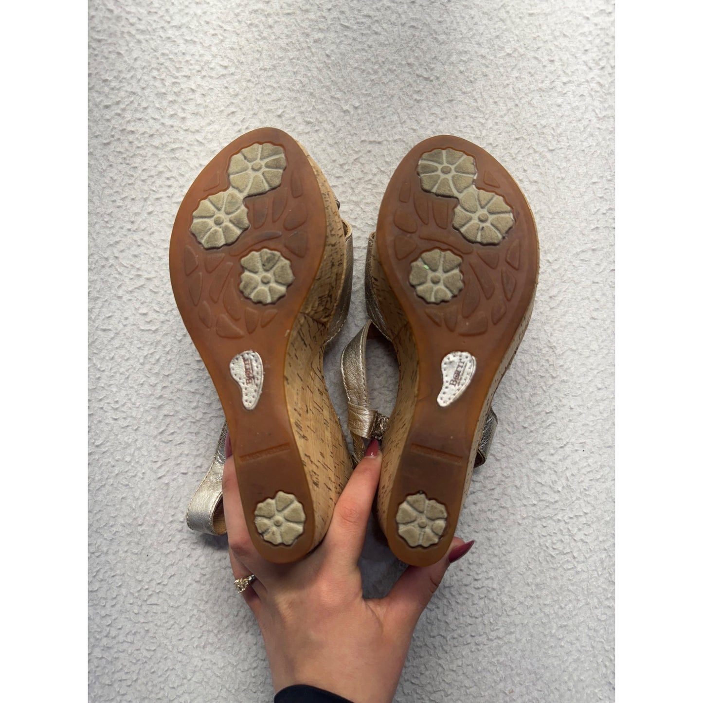 BORN Silver Leather Cork Wedge Sandals #9003