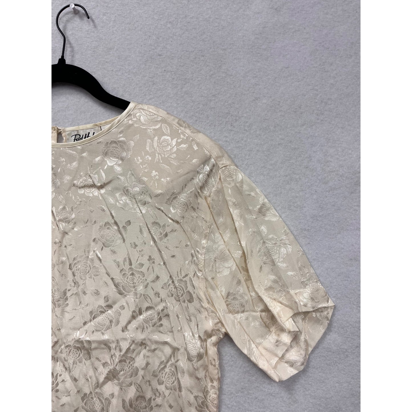 Vintage 80s Red Hot Floral Jacquard Cream Blouse Womens M #8016