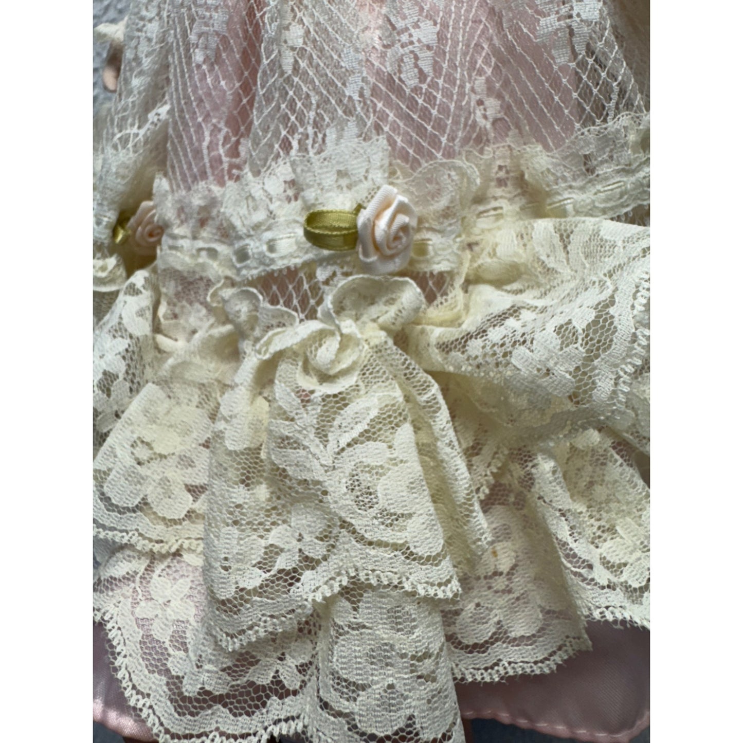 Vintage Porcelain Doll With Blonde Curls & Lace Pink Dress #425B