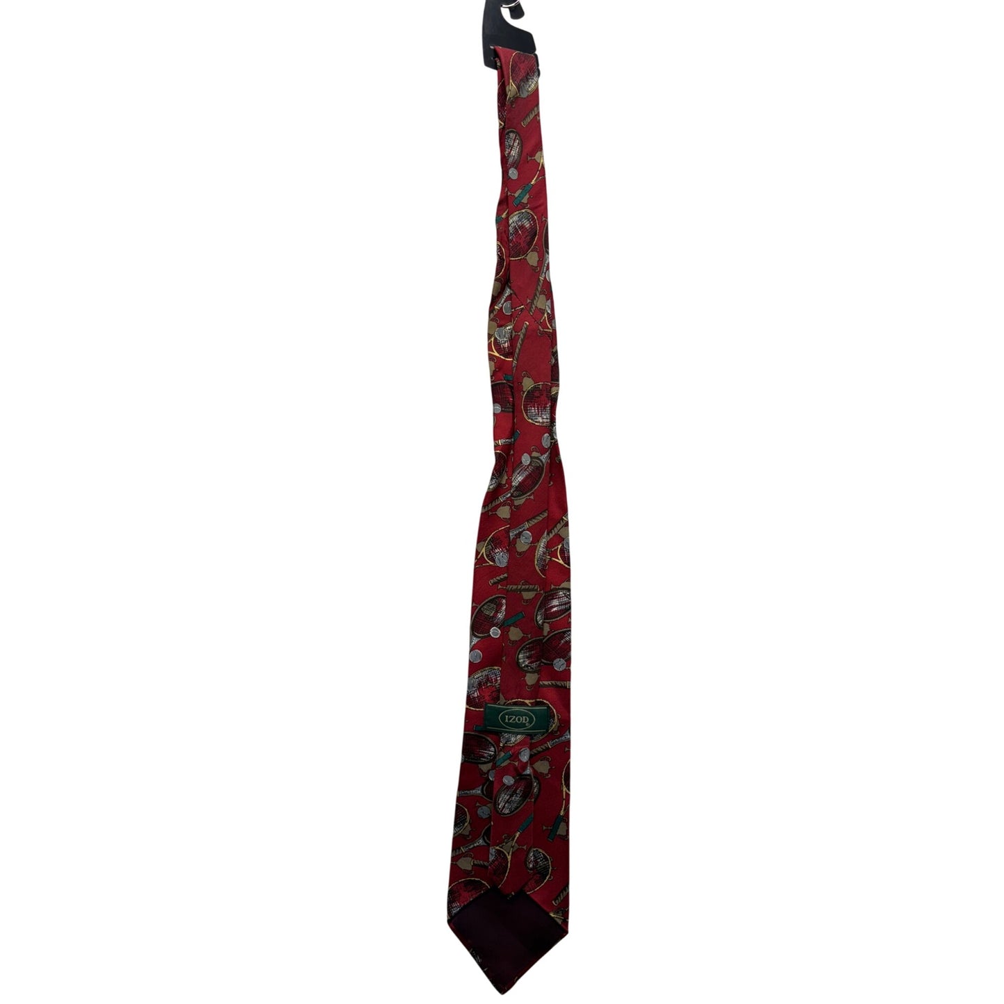 Vintage Izod Red Silk Necktie With Tennis Racket & Ball Pattern #7731