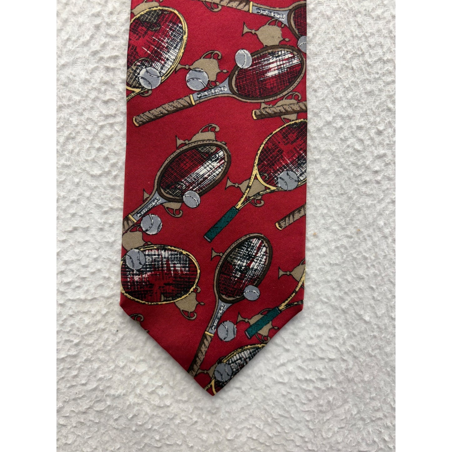 Vintage Izod Red Silk Necktie With Tennis Racket & Ball Pattern #7731