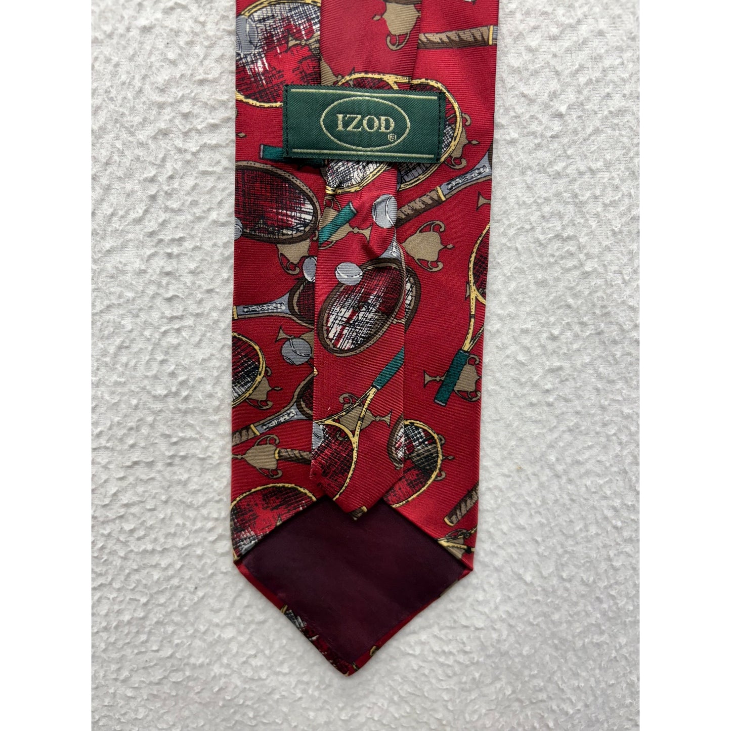 Vintage Izod Red Silk Necktie With Tennis Racket & Ball Pattern #7731