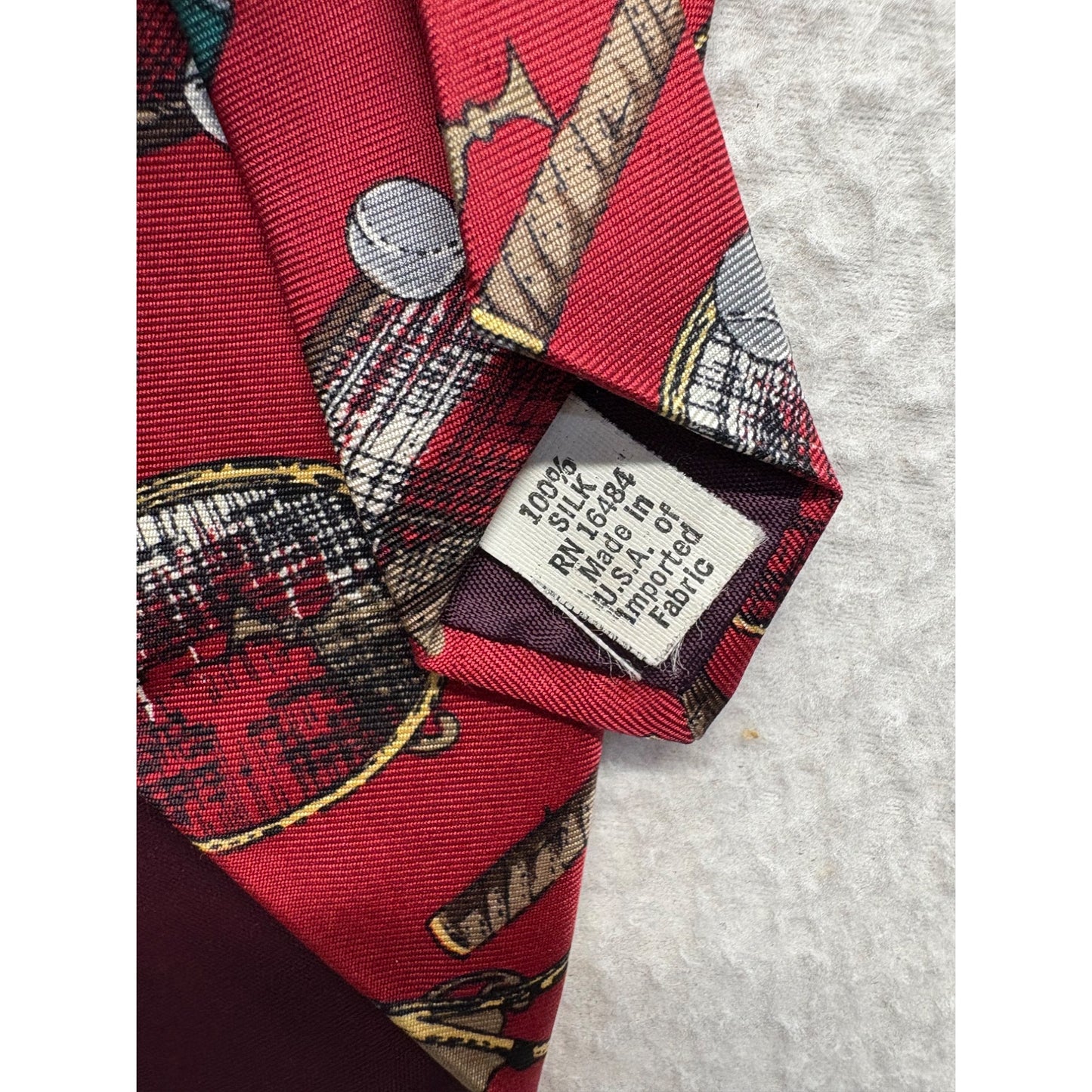 Vintage Izod Red Silk Necktie With Tennis Racket & Ball Pattern #7731
