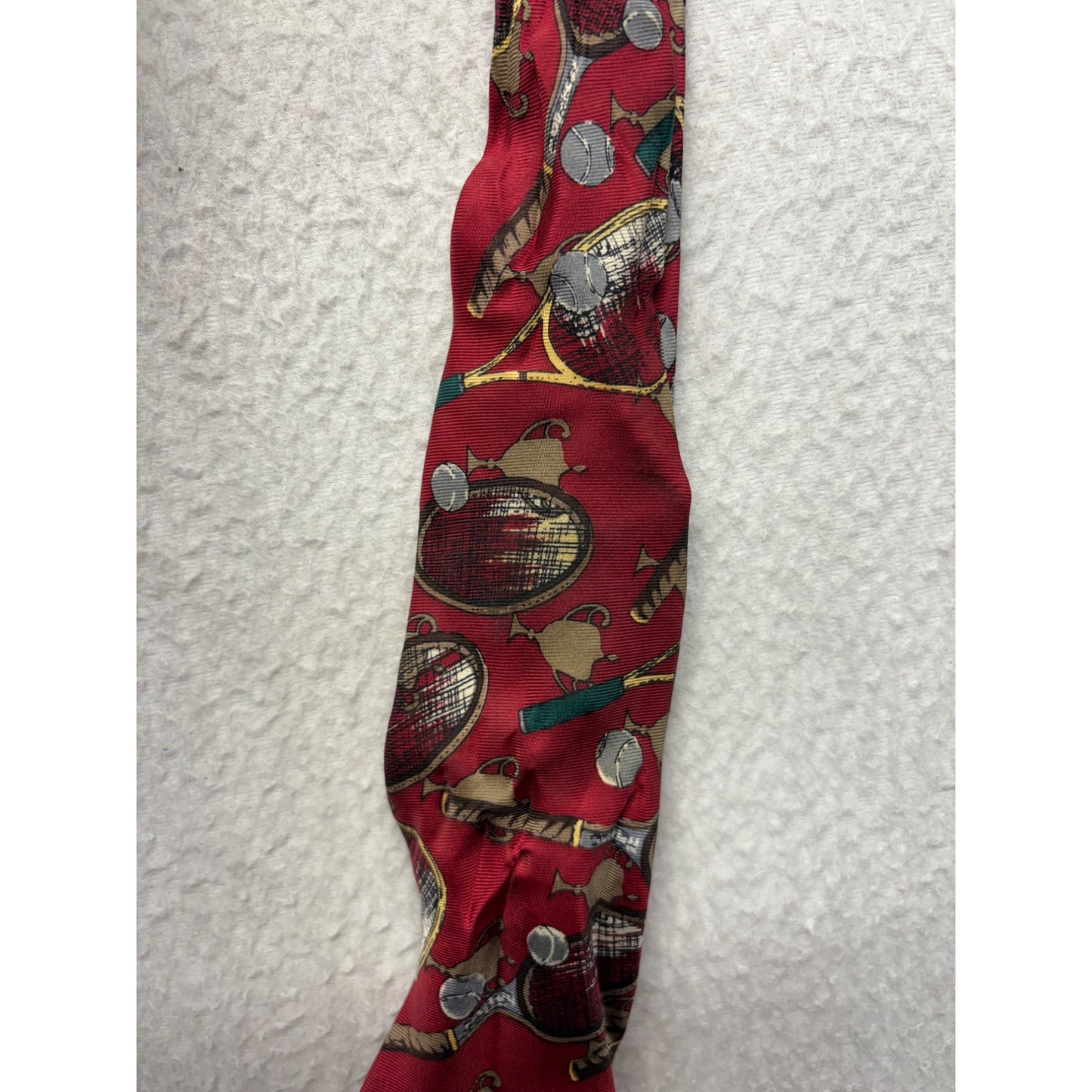 Vintage Izod Red Silk Necktie With Tennis Racket & Ball Pattern #7731