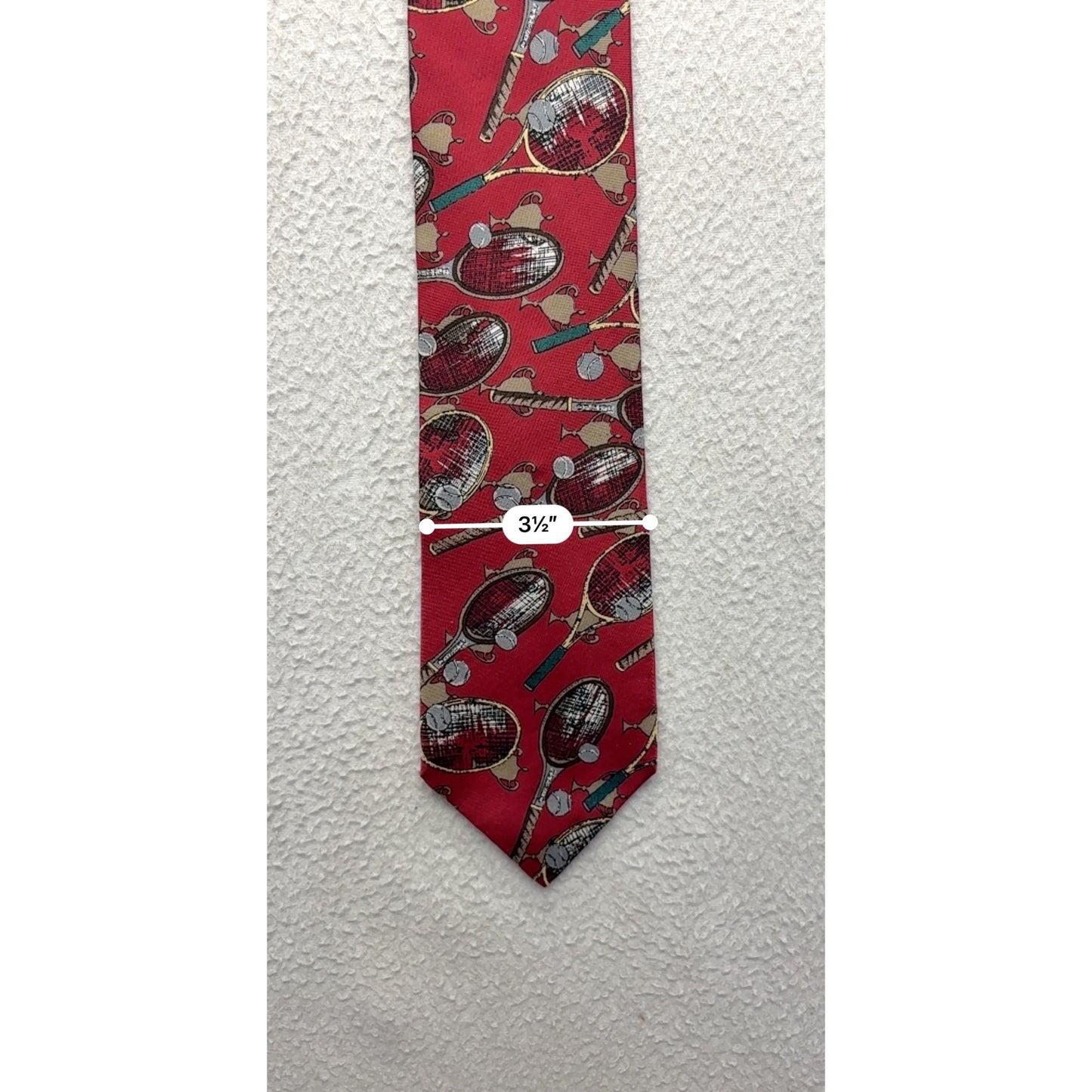 Vintage Izod Red Silk Necktie With Tennis Racket & Ball Pattern #7731