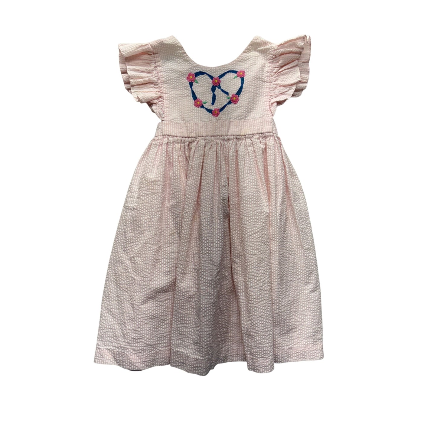 Vintage Pink m Girls Dress With Heart & Flower Embroidery Flutter Sleeves #7540