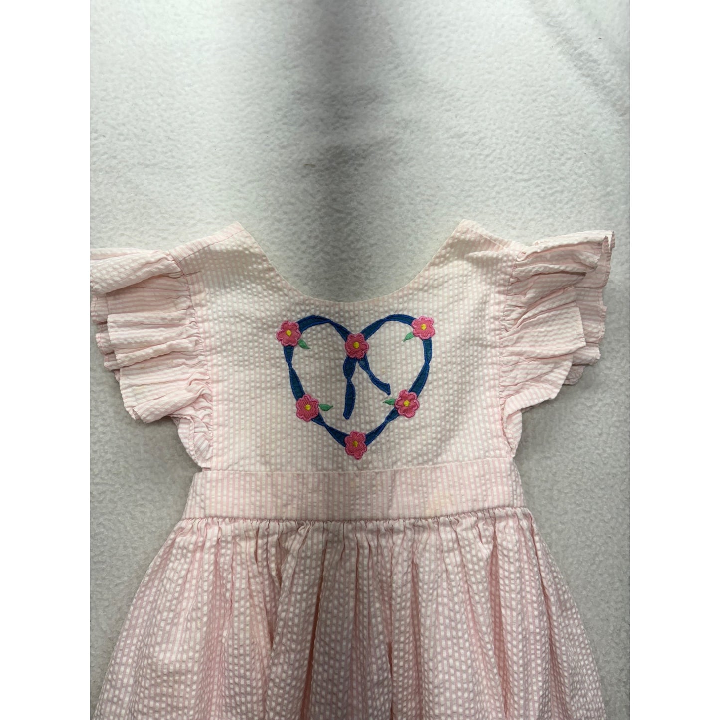 Vintage Pink m Girls Dress With Heart & Flower Embroidery Flutter Sleeves #7540