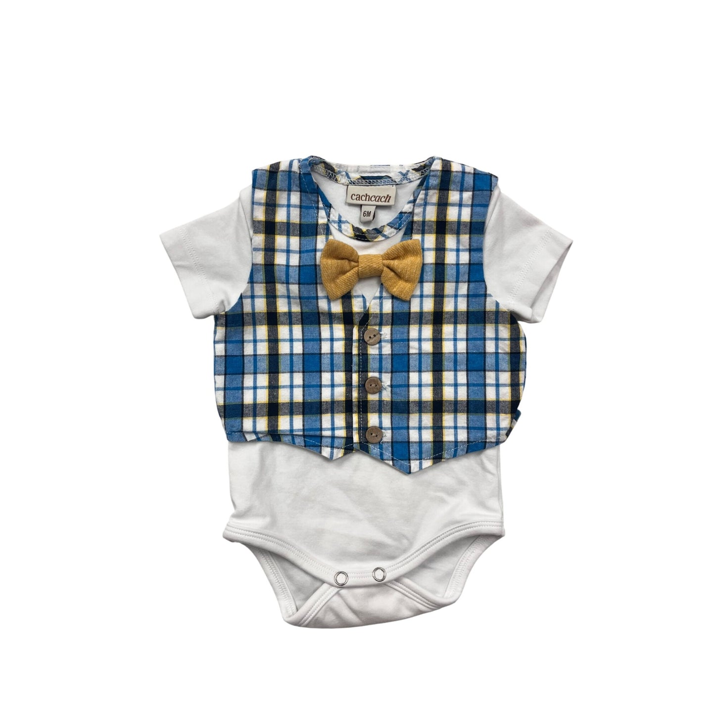 Baby Boys Cachcach Plaid Vest & Bow Tie Short Sleeve One Piece #6277