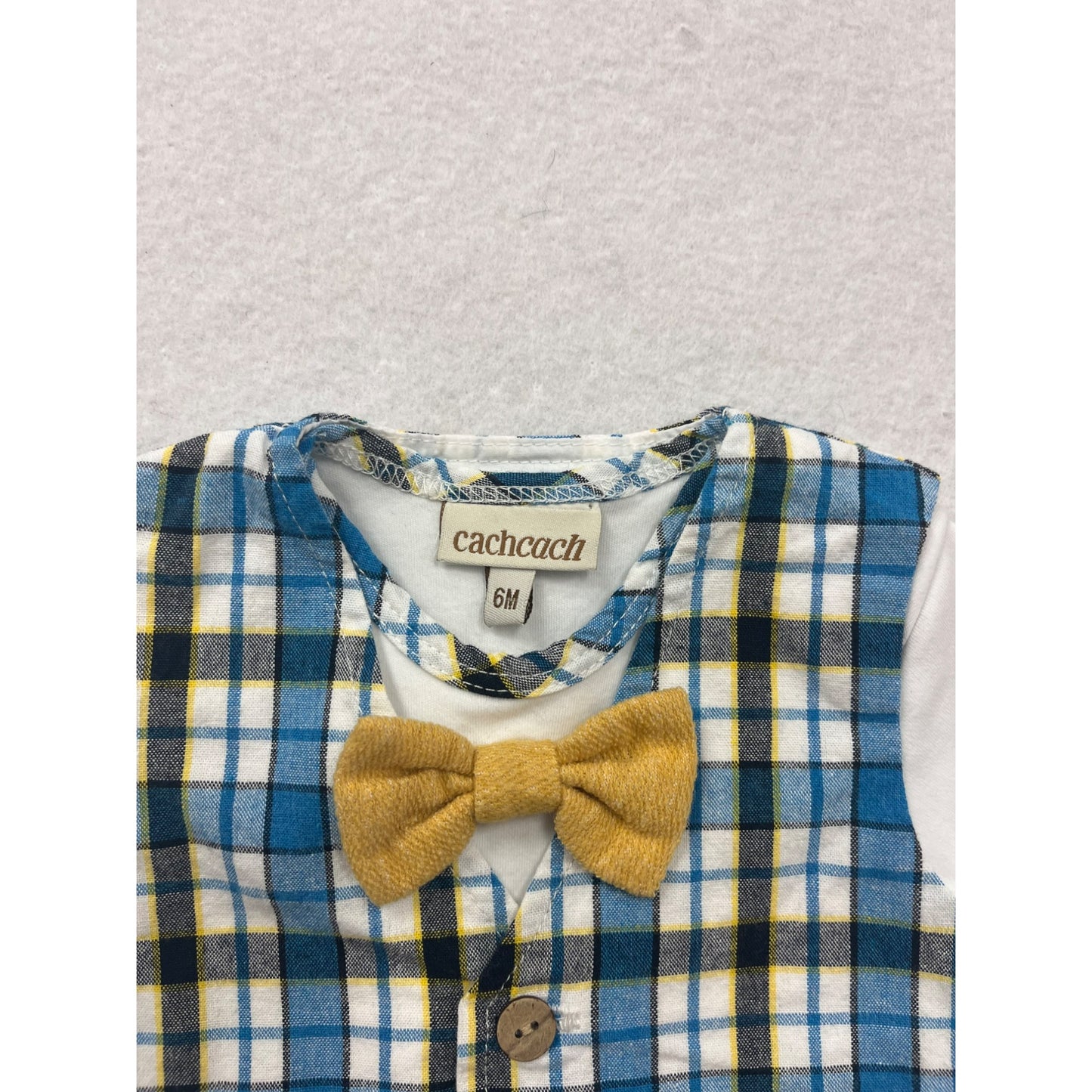 Baby Boys Cachcach Plaid Vest & Bow Tie Short Sleeve One Piece #6277