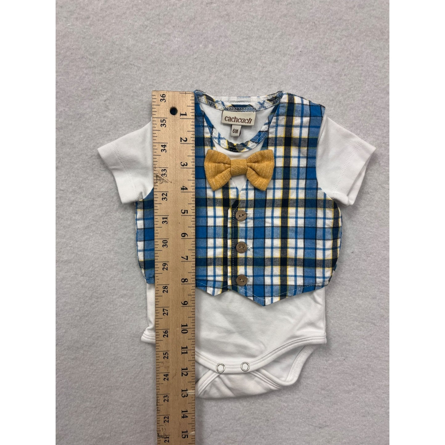 Baby Boys Cachcach Plaid Vest & Bow Tie Short Sleeve One Piece #6277