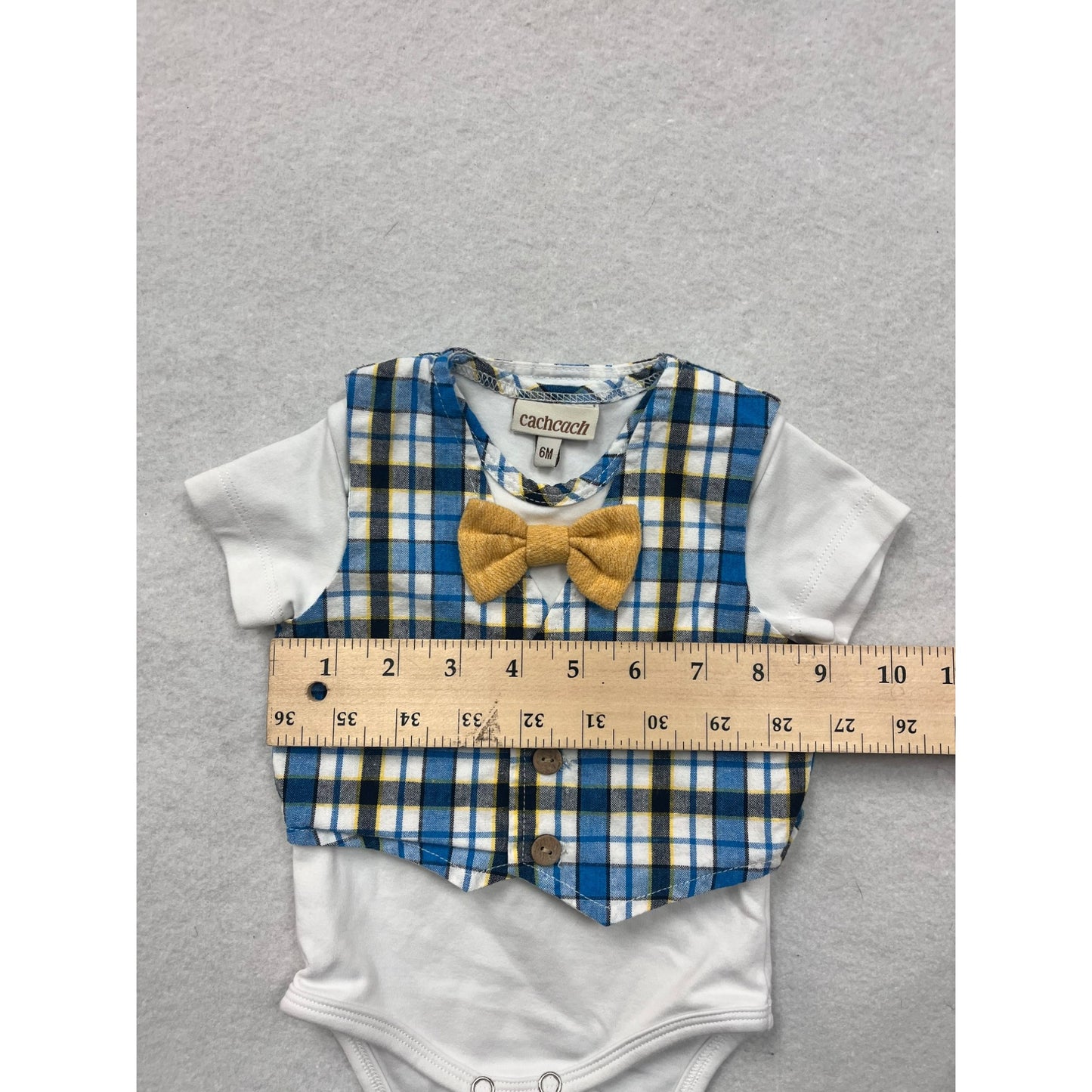 Baby Boys Cachcach Plaid Vest & Bow Tie Short Sleeve One Piece #6277