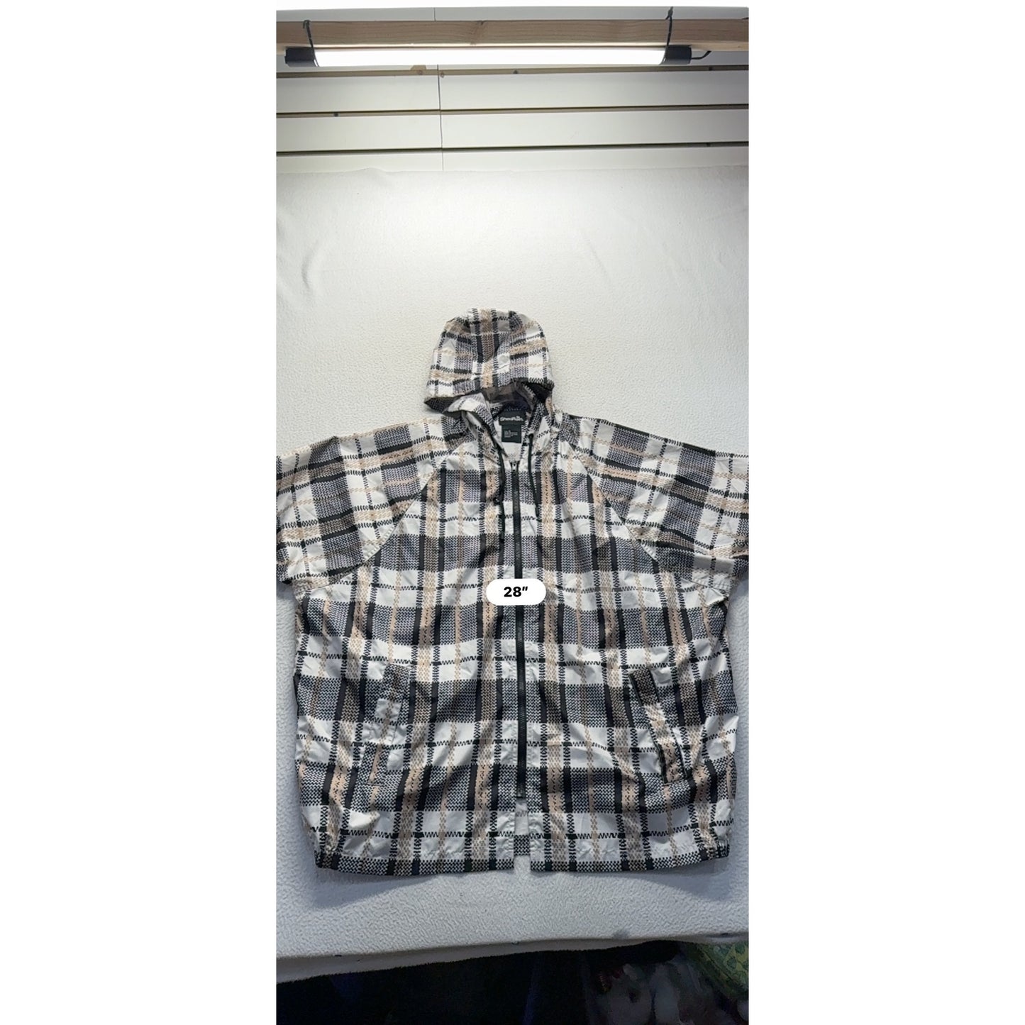 ShedRain Hooded Plaid Rain Poncho Jacket S Lightweight Beige/Black 30"x28" #9354