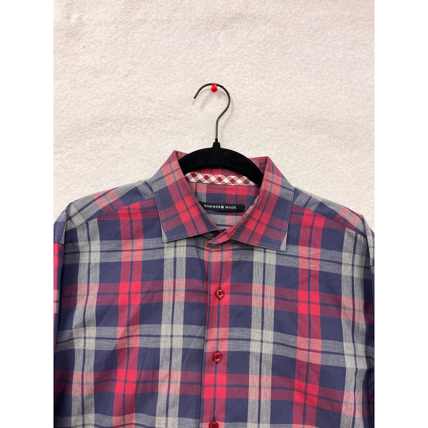 Hammer Made Mens Large 100% Cotton Red & Blue Plaid Long Sleeve Button-Down Shirt #6352