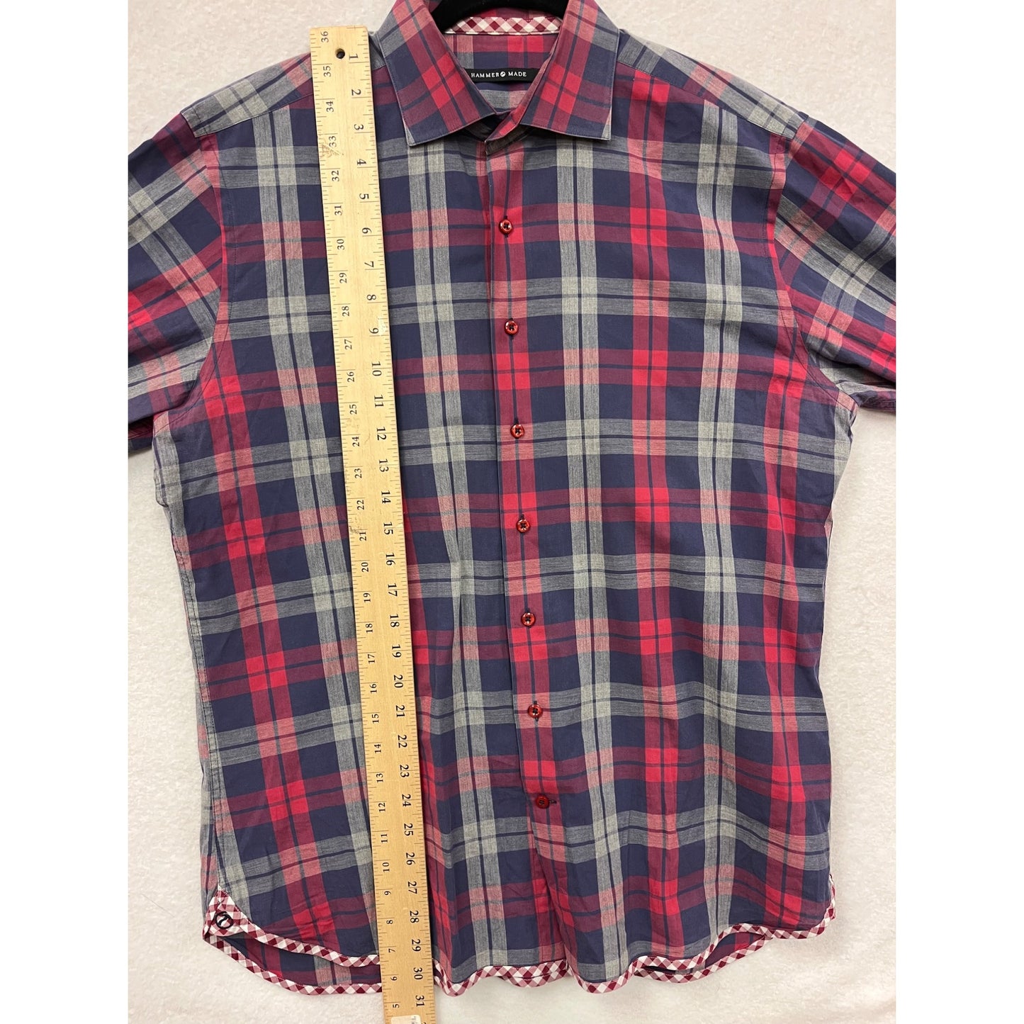 Hammer Made Mens Large 100% Cotton Red & Blue Plaid Long Sleeve Button-Down Shirt #6352