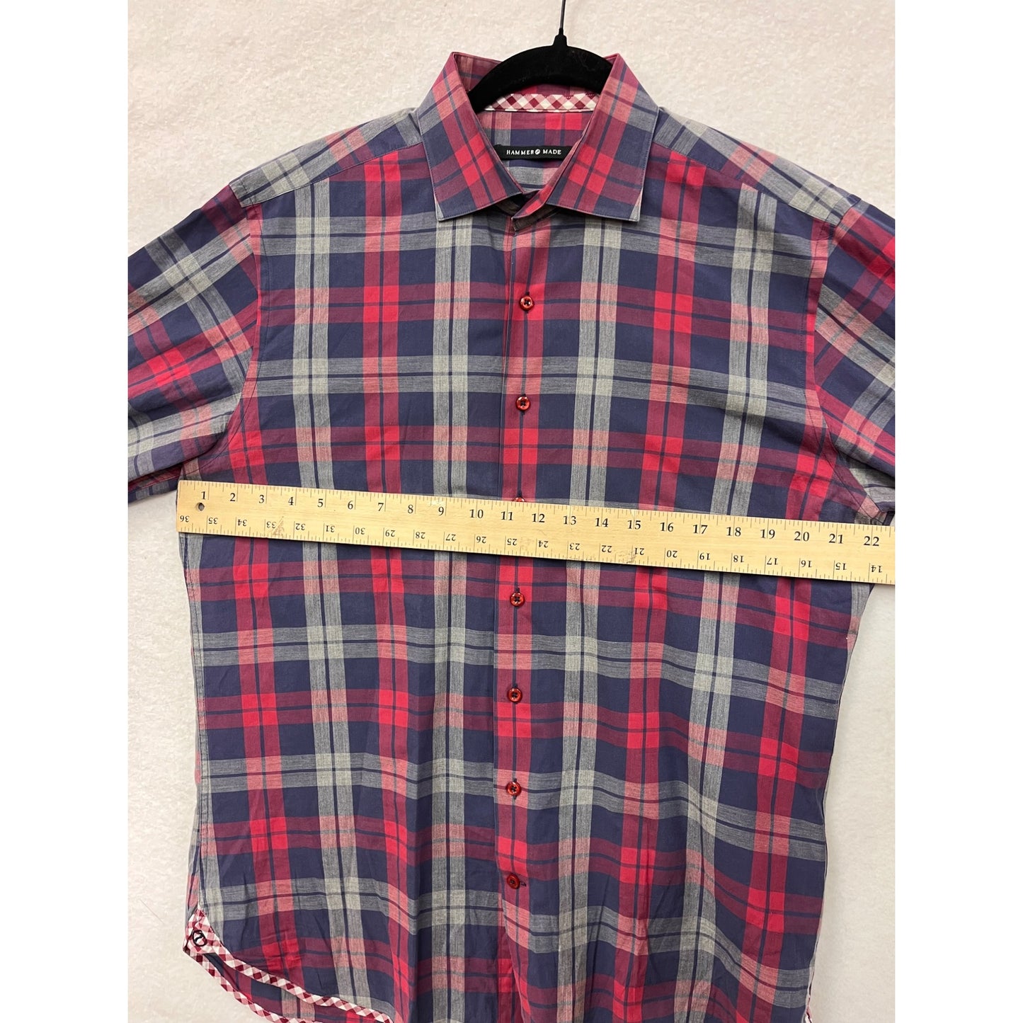 Hammer Made Mens Large 100% Cotton Red & Blue Plaid Long Sleeve Button-Down Shirt #6352