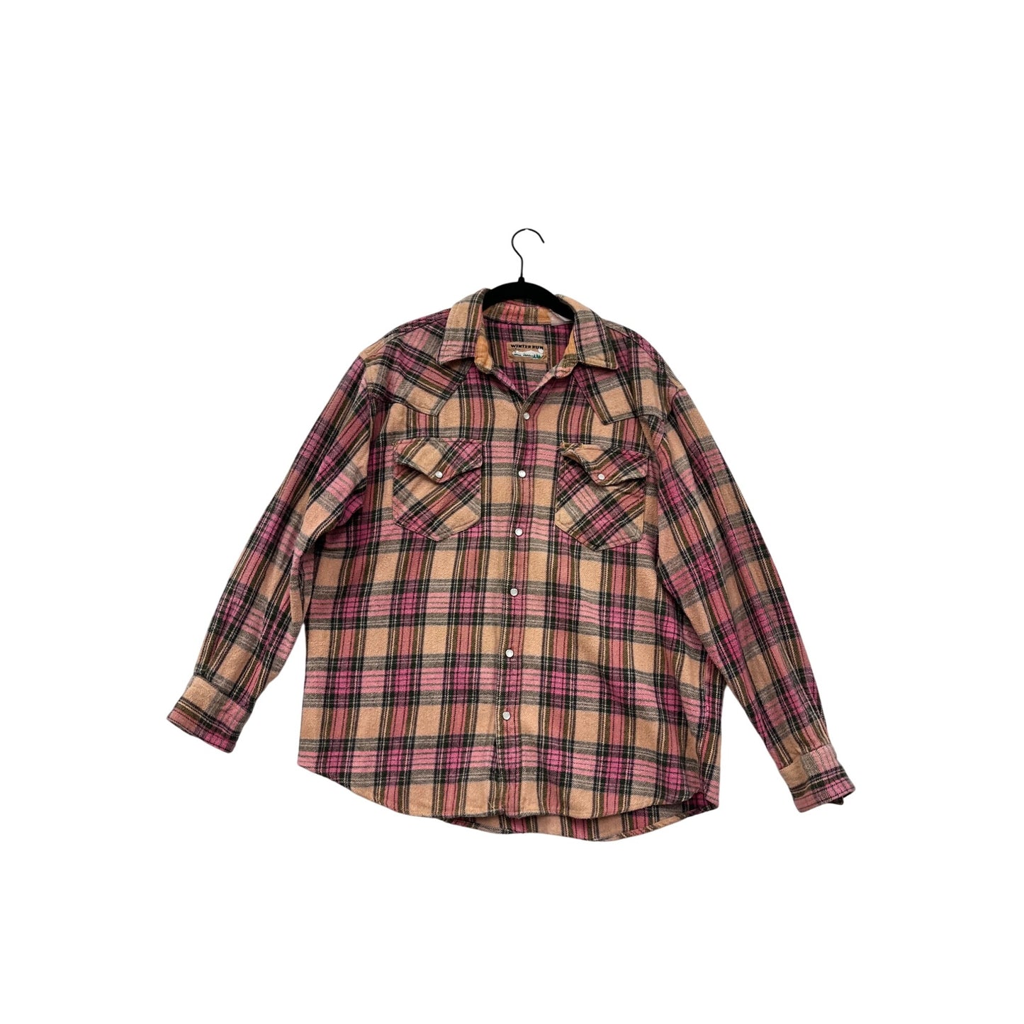 Vintage Winter Run Womens XL Plaid Button-Up Flannel Shirt Pink/Beige #8967