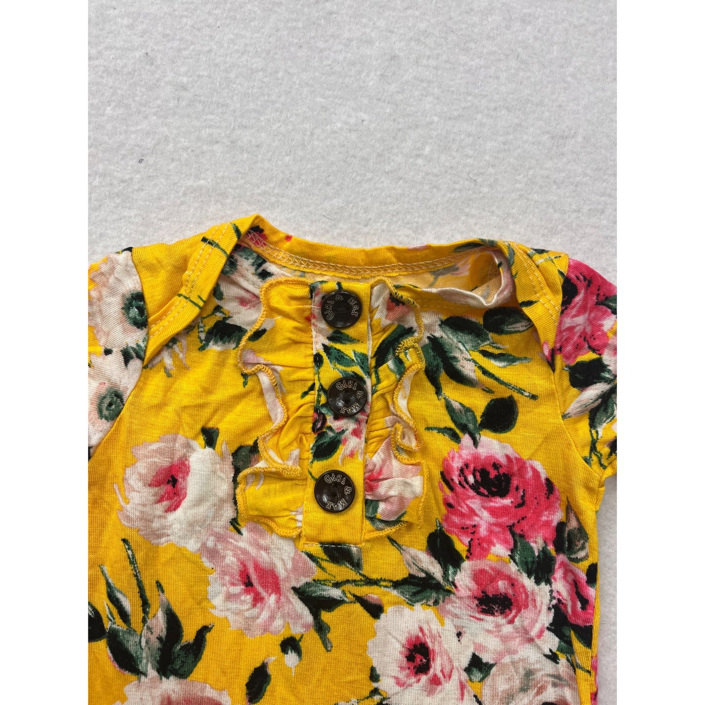 Yellow Floral Baby Gown 3/6M With Button Detail By Gigi & Max #6560