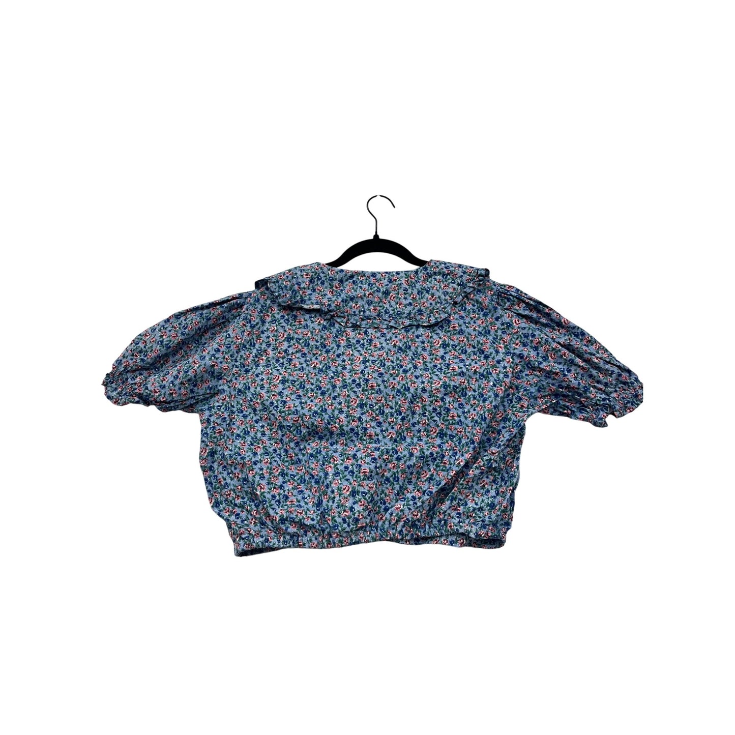 Vintage Bonjour Womens Blue Floral Blouse With Peter Pan Collar & Puff Sleeves Large #6764